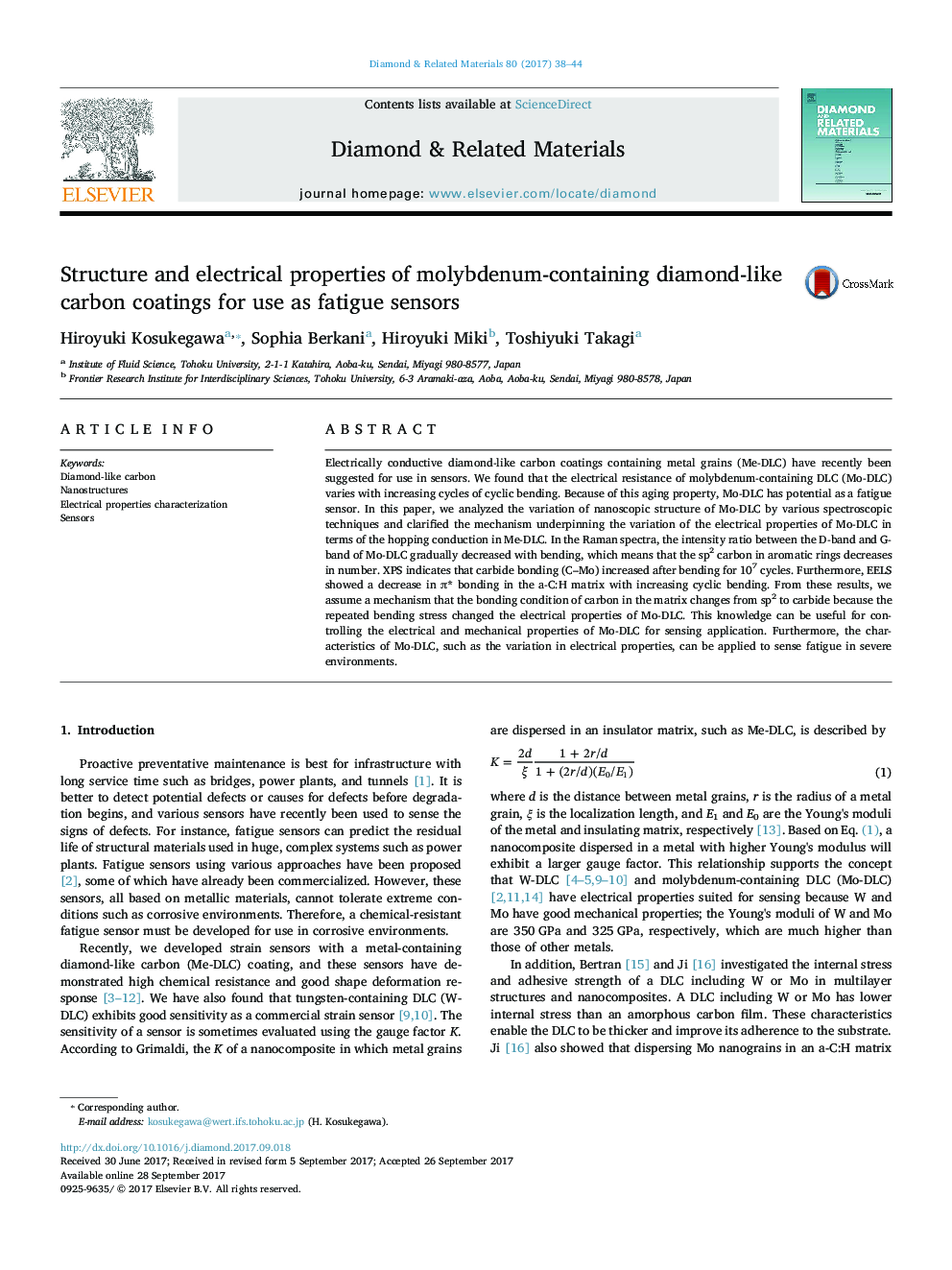 Structure and electrical properties of molybdenum-containing diamond-like carbon coatings for use as fatigue sensors