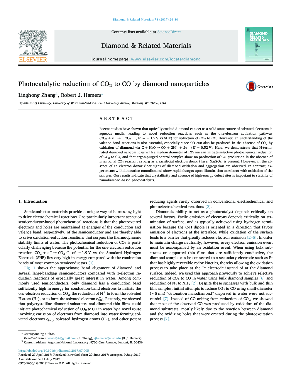 عکس صفحه اول مقاله: Photocatalytic reduction of CO2 to CO by diamond nanoparticles Photocatalytic reduction of CO2 to CO by diamond nanoparticles