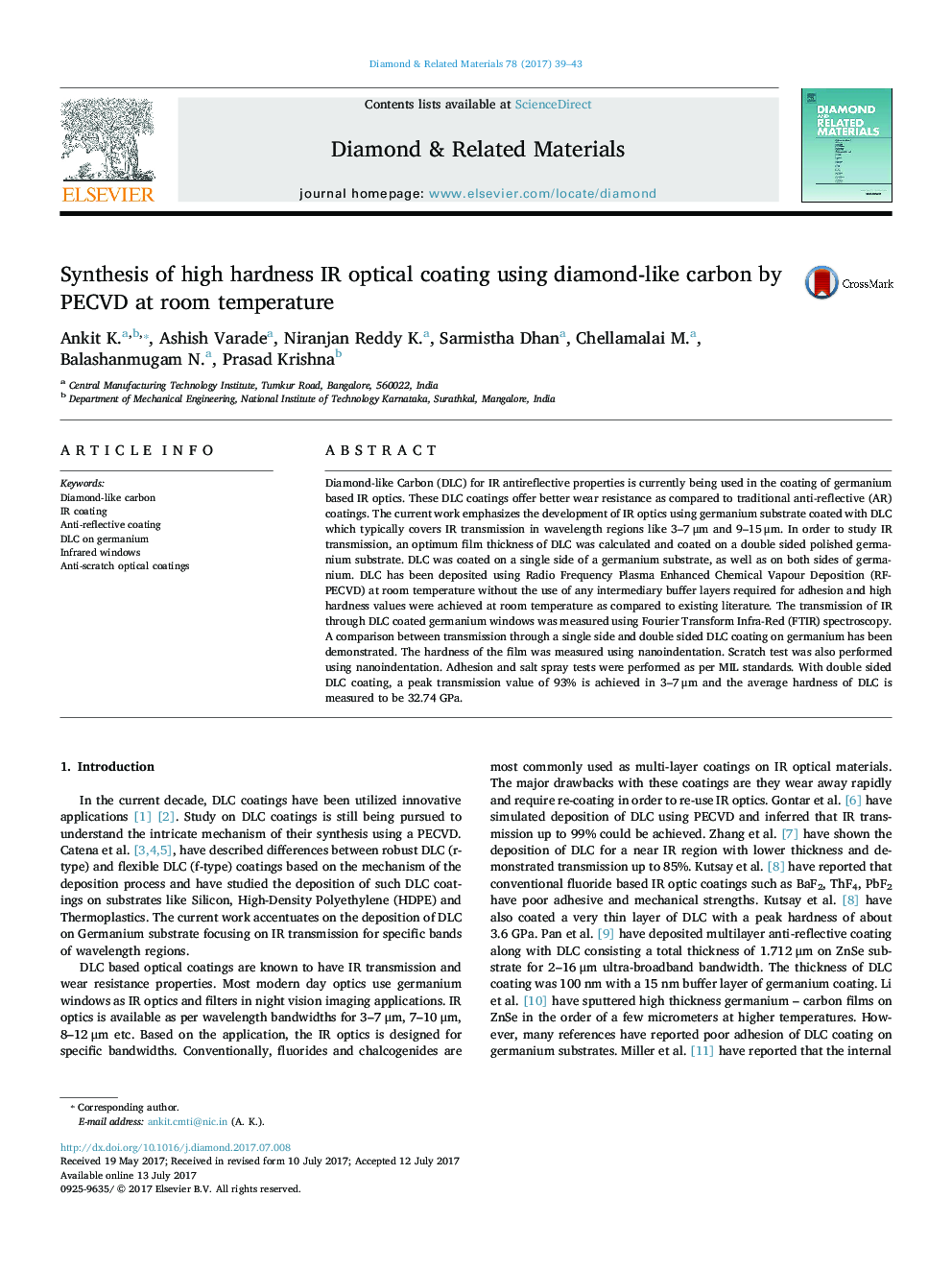 Synthesis of high hardness IR optical coating using diamond-like carbon by PECVD at room temperature