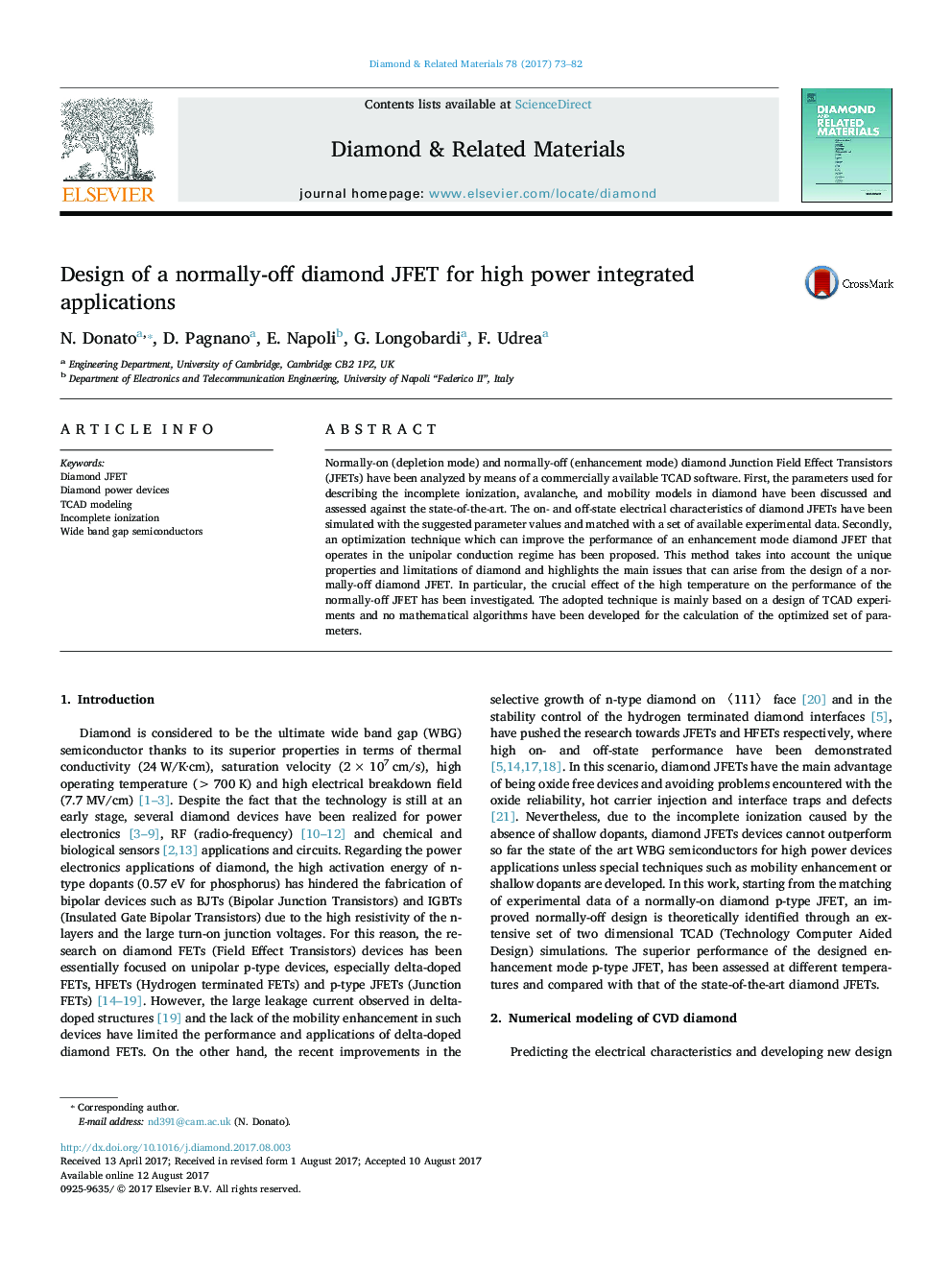 Design of a normally-off diamond JFET for high power integrated applications