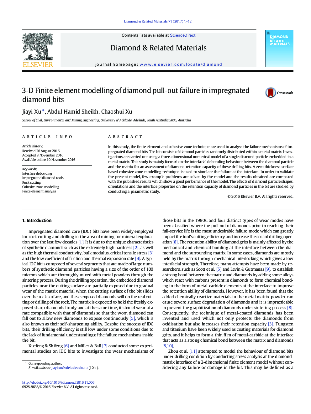 3-D Finite element modelling of diamond pull-out failure in impregnated diamond bits