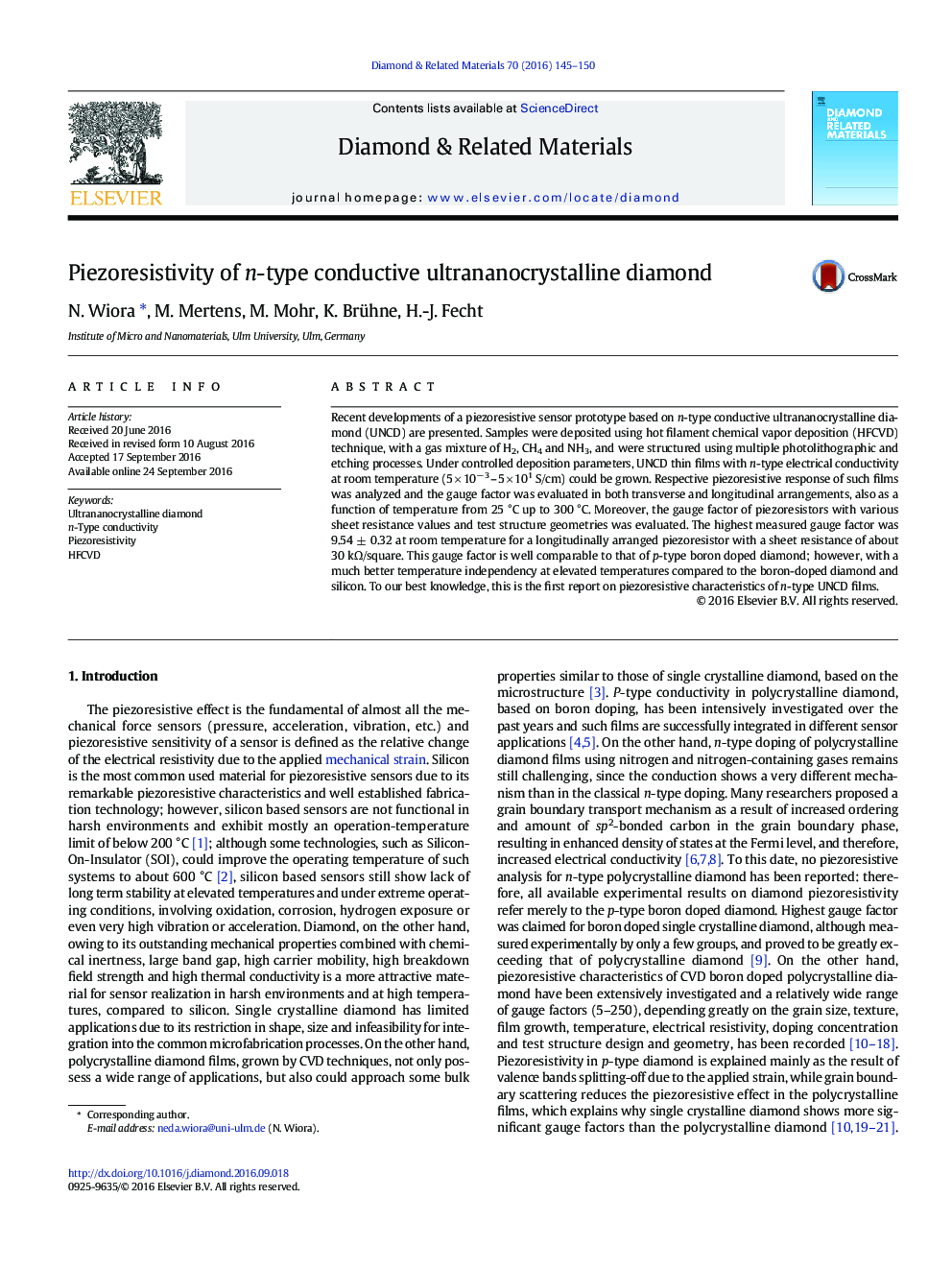 Piezoresistivity of n-type conductive ultrananocrystalline diamond