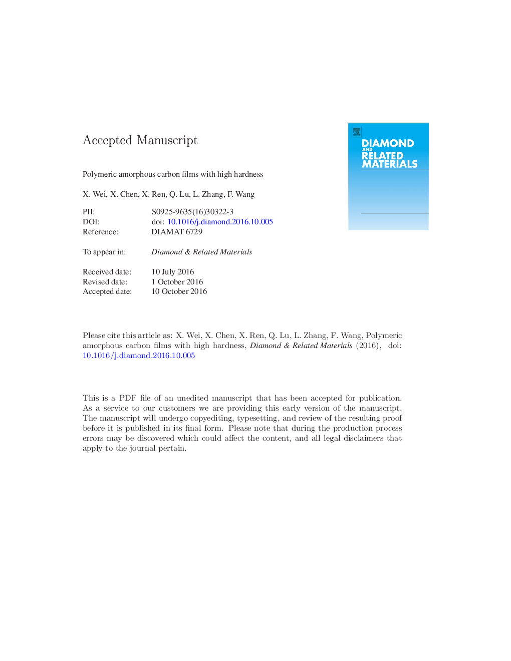 Polymeric amorphous carbon films with high hardness