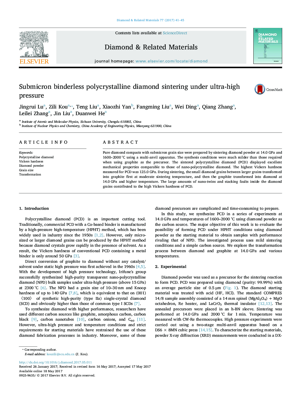 Submicron binderless polycrystalline diamond sintering under ultra-high pressure