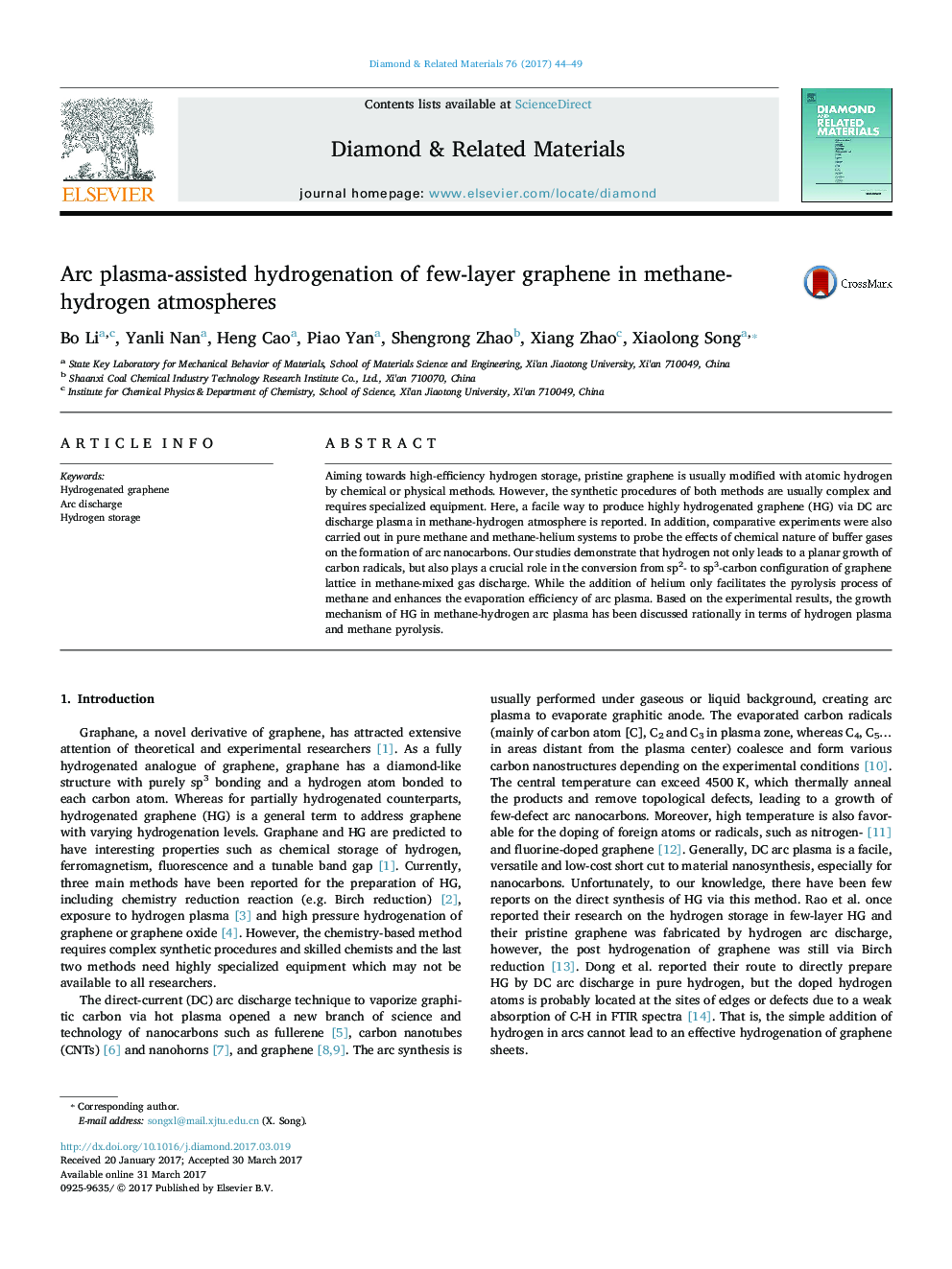 Arc plasma-assisted hydrogenation of few-layer graphene in methane-hydrogen atmospheres