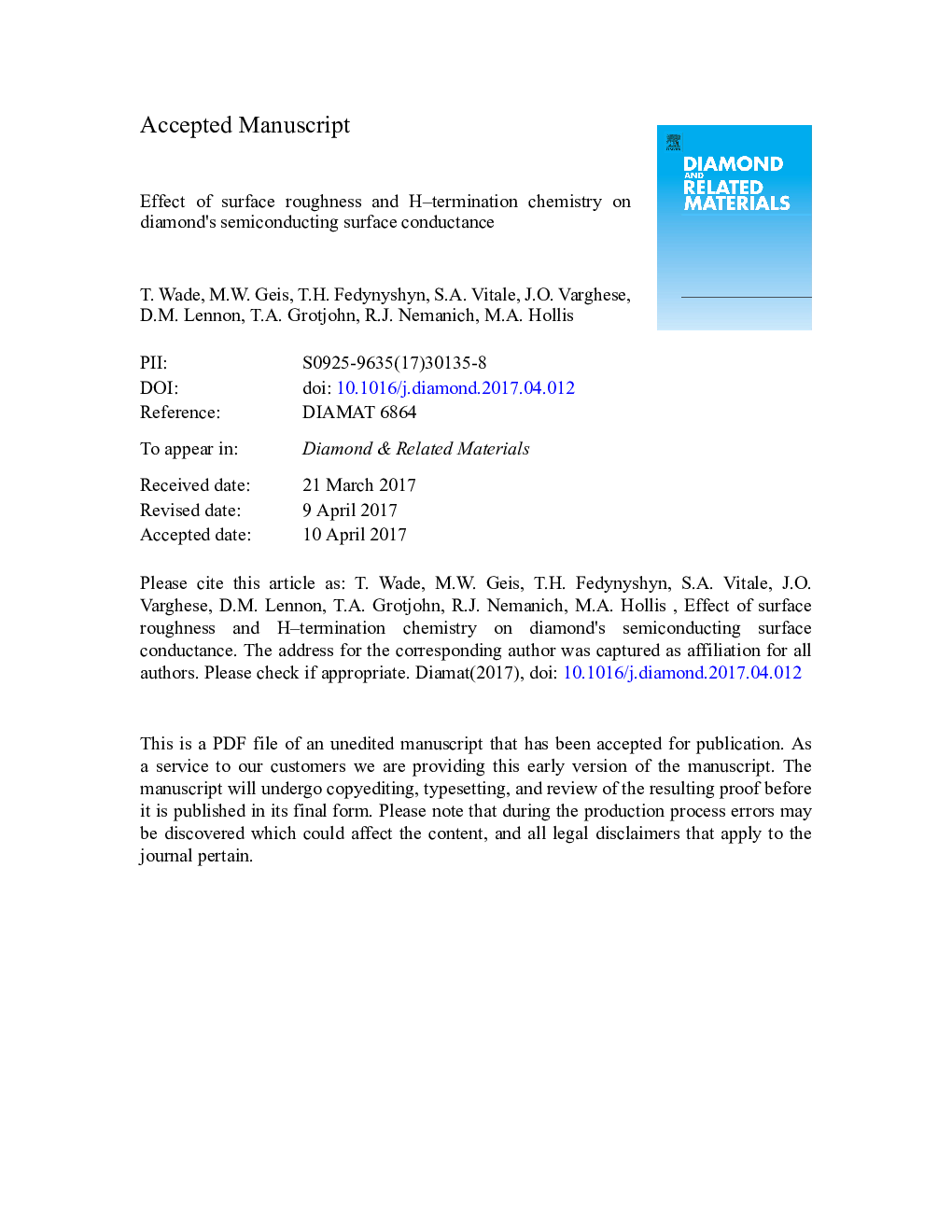 Effect of surface roughness and H-termination chemistry on diamond's semiconducting surface conductance