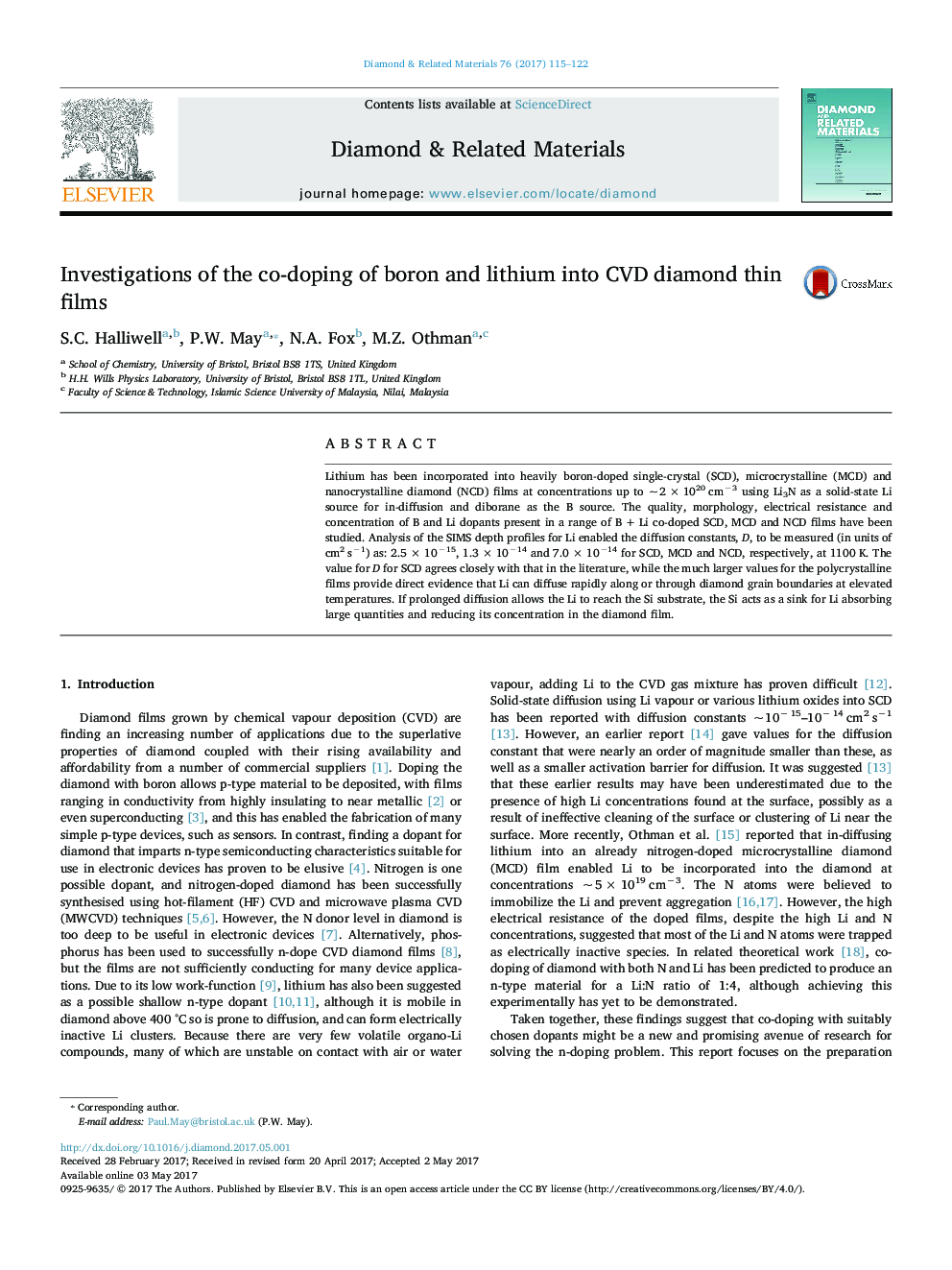 Investigations of the co-doping of boron and lithium into CVD diamond thin films
