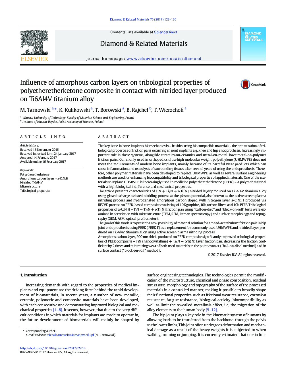 Influence of amorphous carbon layers on tribological properties of polyetheretherketone composite in contact with nitrided layer produced on Ti6Al4V titanium alloy