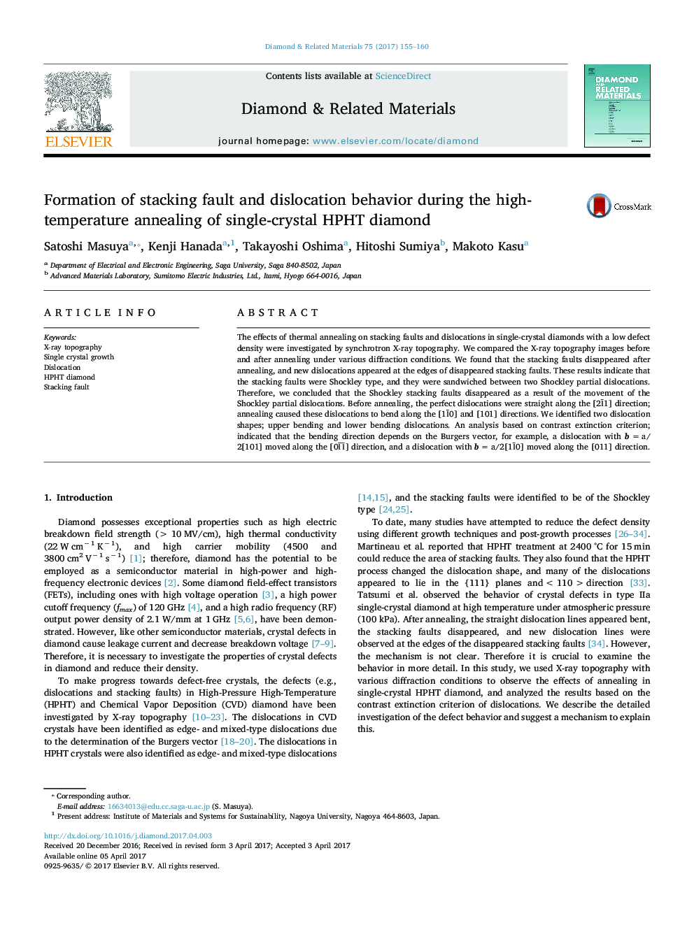 Formation of stacking fault and dislocation behavior during the high-temperature annealing of single-crystal HPHT diamond