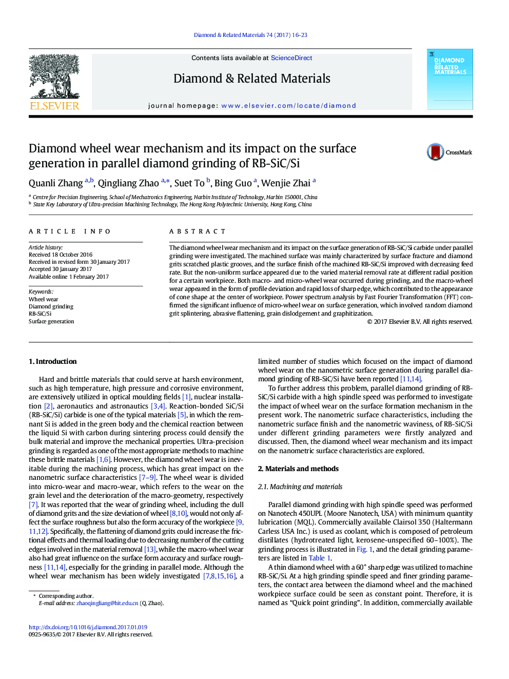 Diamond wheel wear mechanism and its impact on the surface generation in parallel diamond grinding of RB-SiC/Si