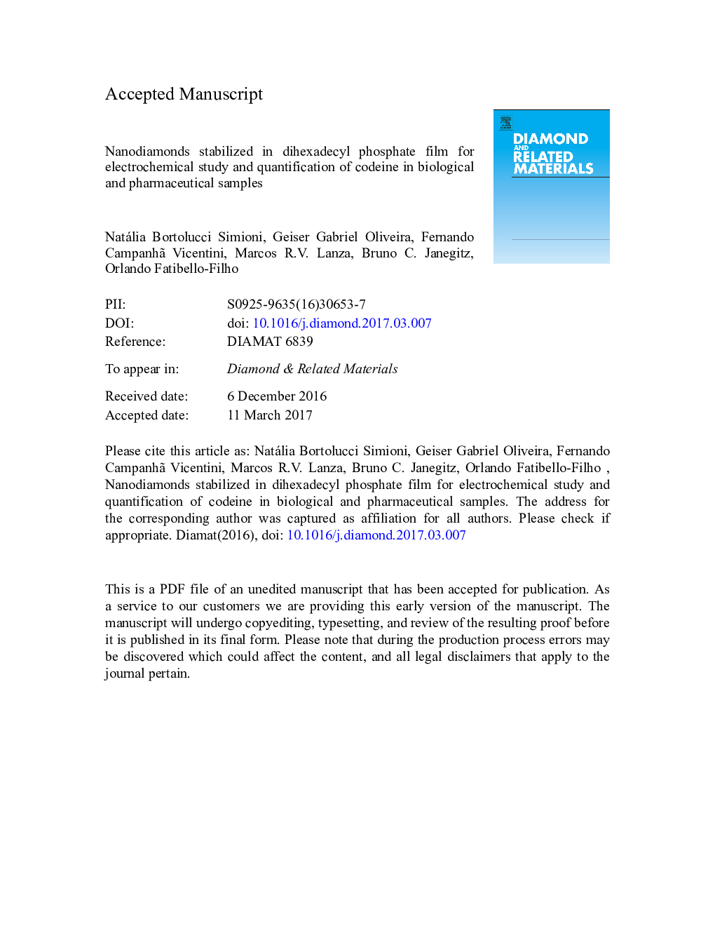 Nanodiamonds stabilized in dihexadecyl phosphate film for electrochemical study and quantification of codeine in biological and pharmaceutical samples