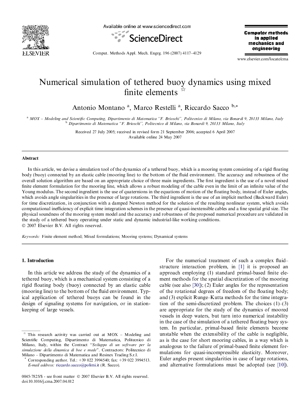 Numerical simulation of tethered buoy dynamics using mixed finite elements 