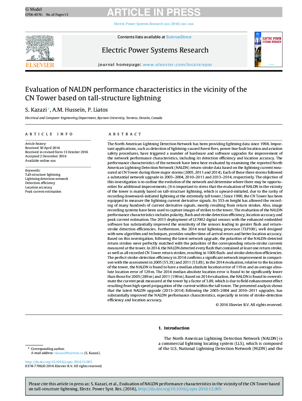 Evaluation of NALDN performance characteristics in the vicinity of the CN Tower based on tall-structure lightning