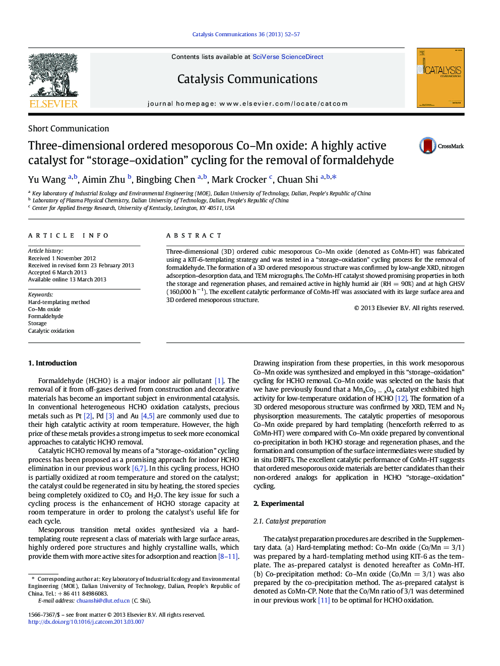 عکس صفحه اول مقاله: Three-dimensional ordered mesoporous Co–Mn oxide: A highly active catalyst for “storage–oxidation” cycling for the removal of formaldehyde Three-dimensional ordered mesoporous Co–Mn oxide: A highly active catalyst for “storage–oxidation” cycling for the removal of formaldehyde