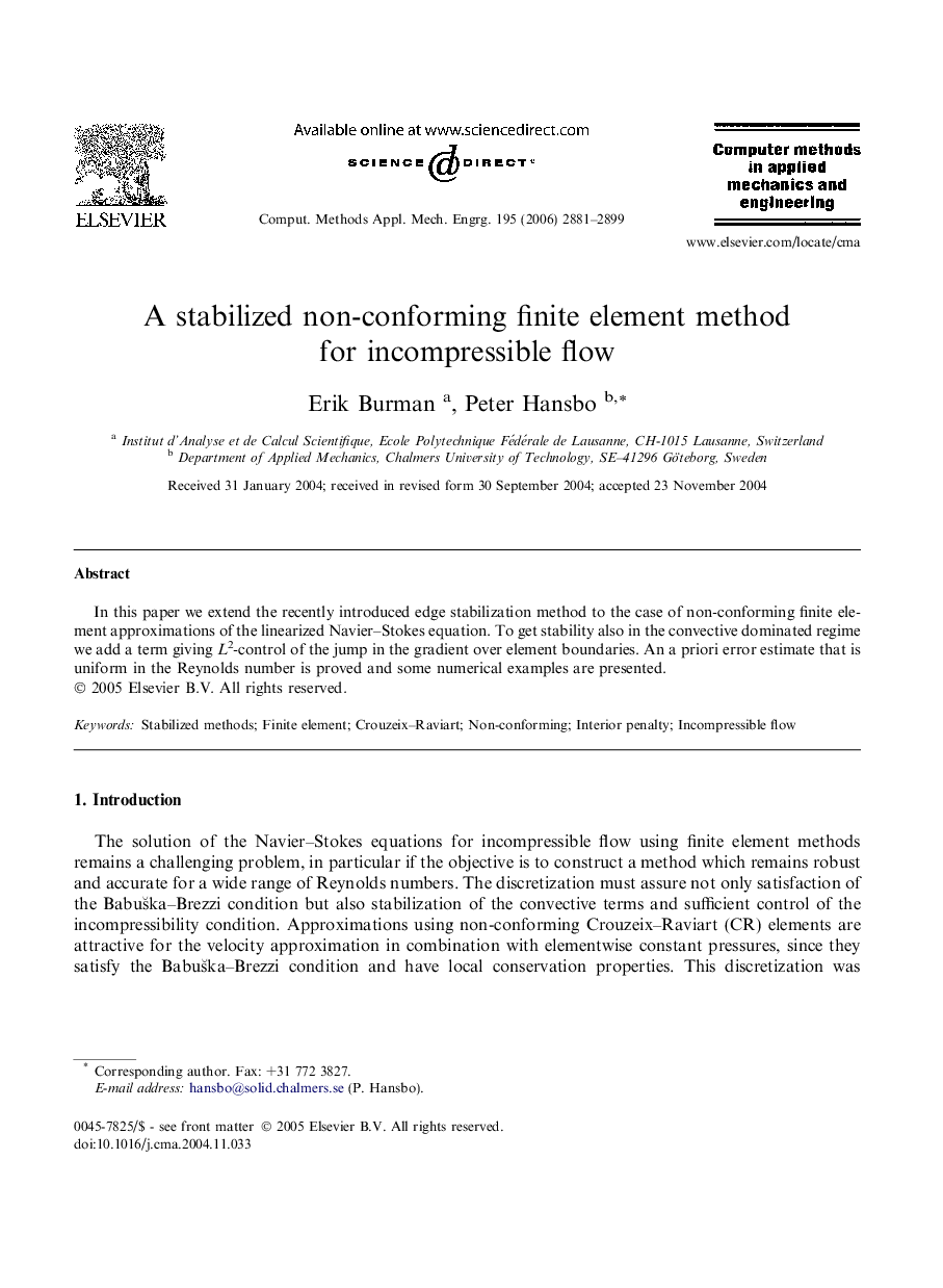 A stabilized non-conforming finite element method for incompressible flow