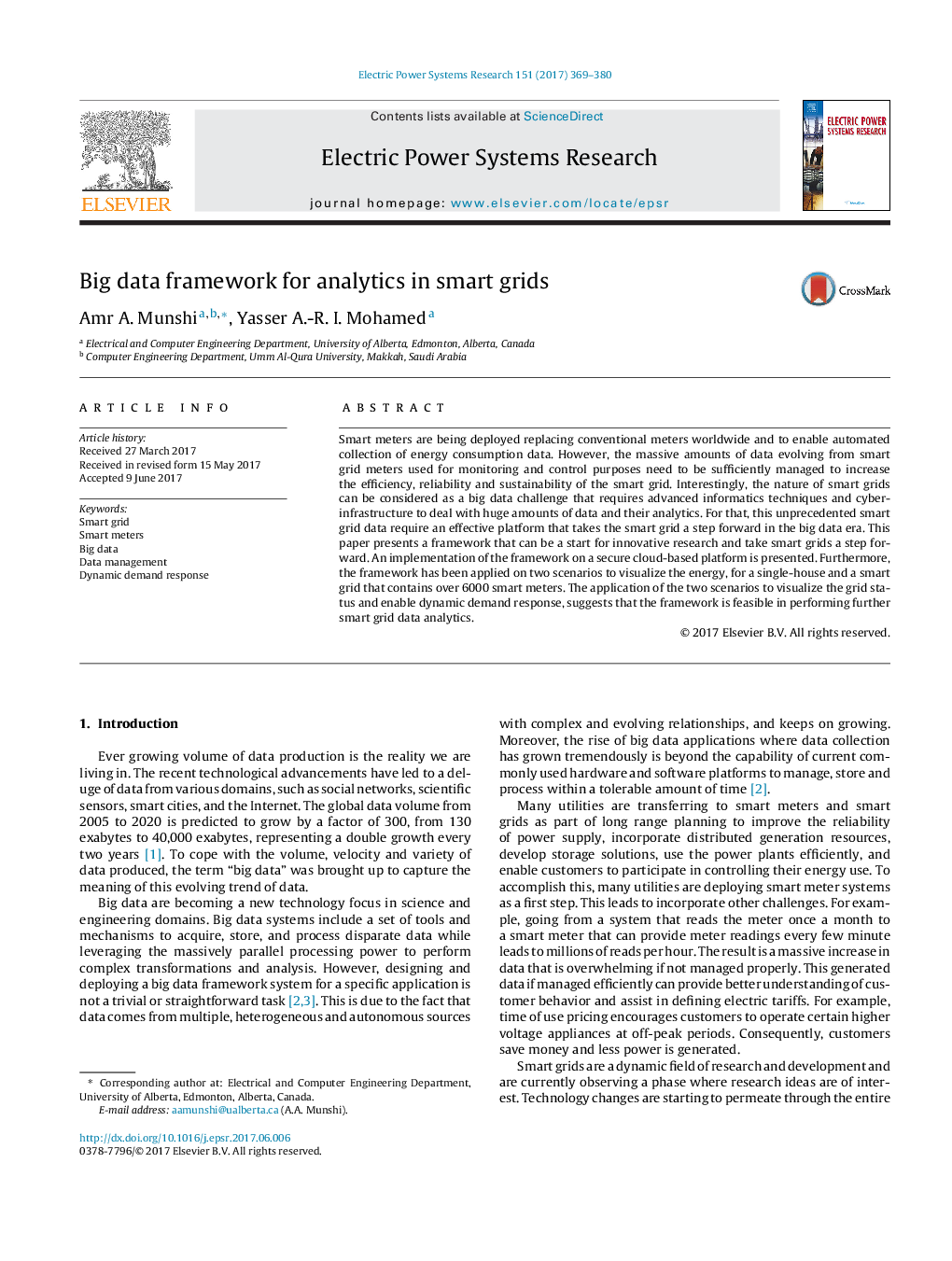 Big data framework for analytics in smart grids