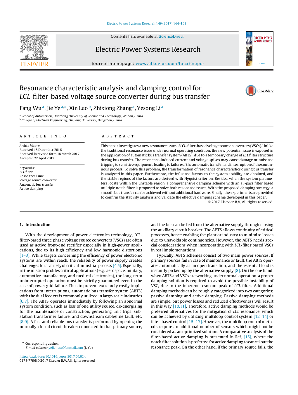 Resonance characteristic analysis and damping control for LCL-filter-based voltage source converter during bus transfer