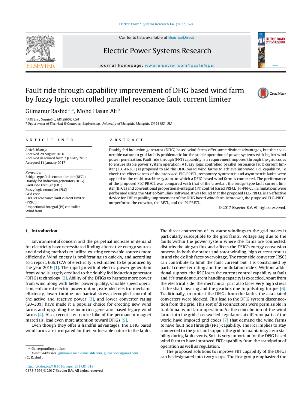 Fault ride through capability improvement of DFIG based wind farm by fuzzy logic controlled parallel resonance fault current limiter