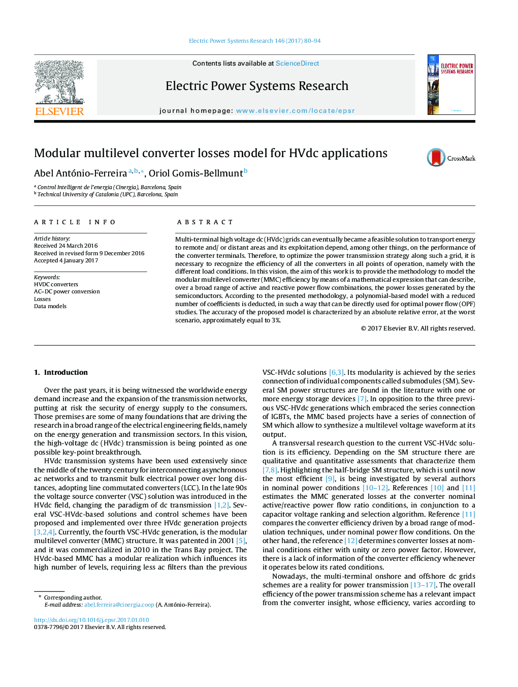 Modular multilevel converter losses model for HVdc applications