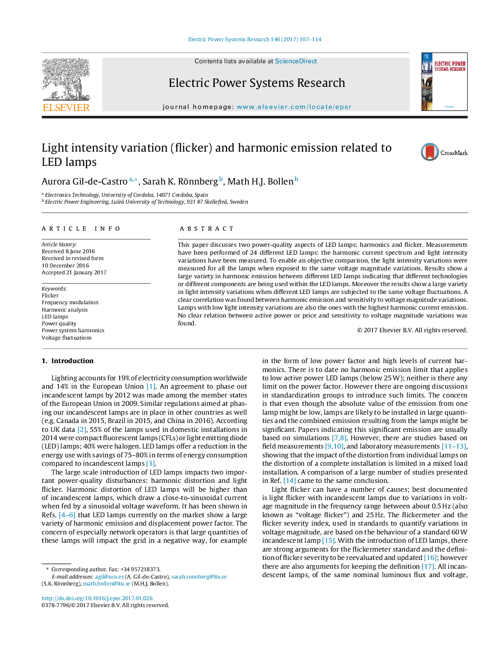 Light intensity variation (flicker) and harmonic emission related to LED lamps