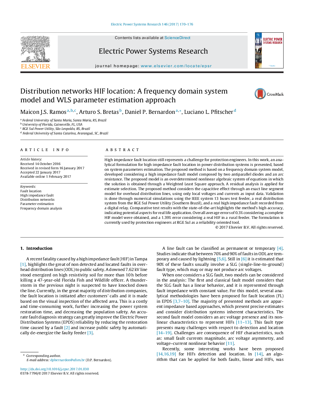 Distribution networks HIF location: A frequency domain system model and WLS parameter estimation approach