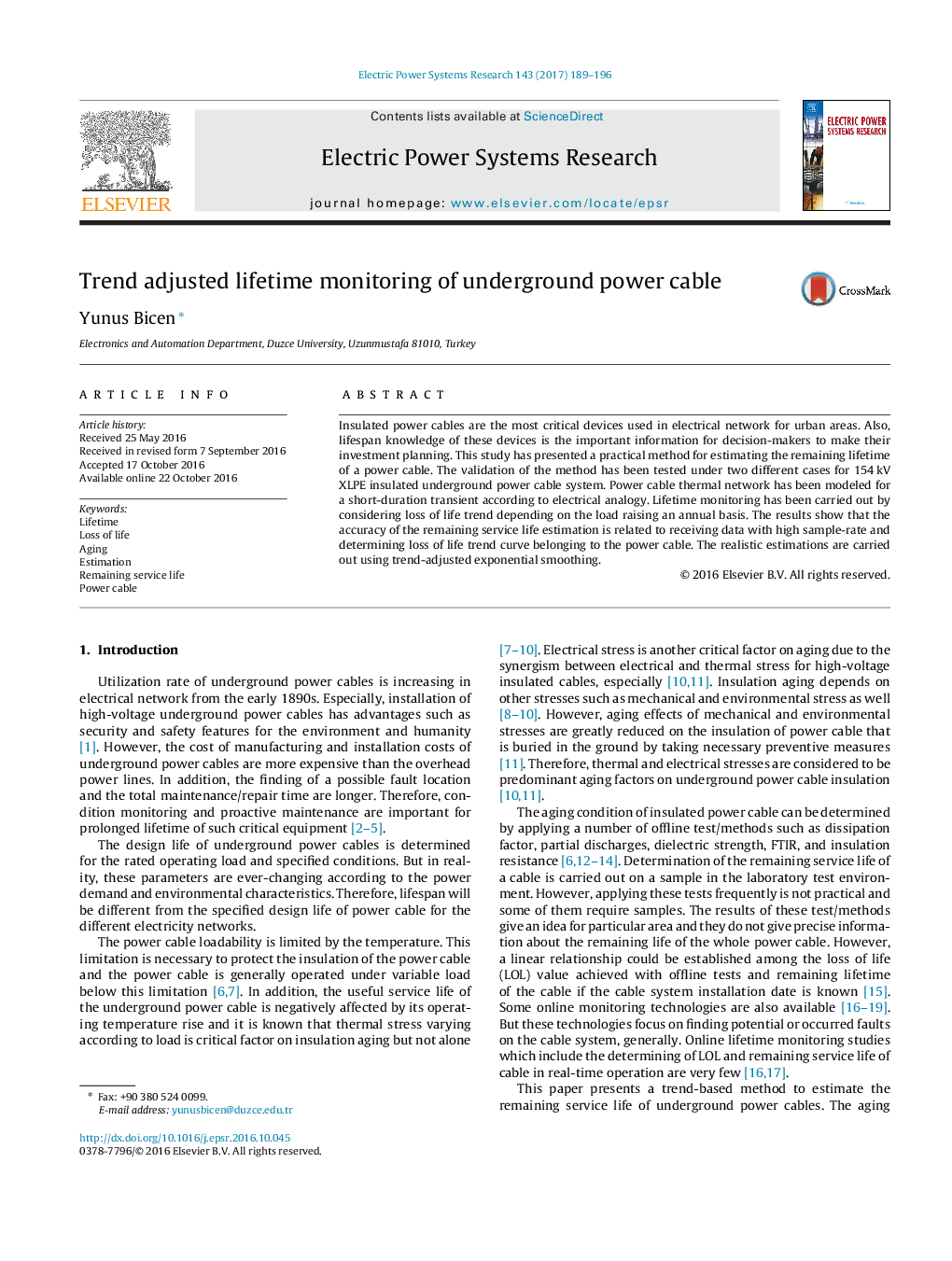 Trend adjusted lifetime monitoring of underground power cable