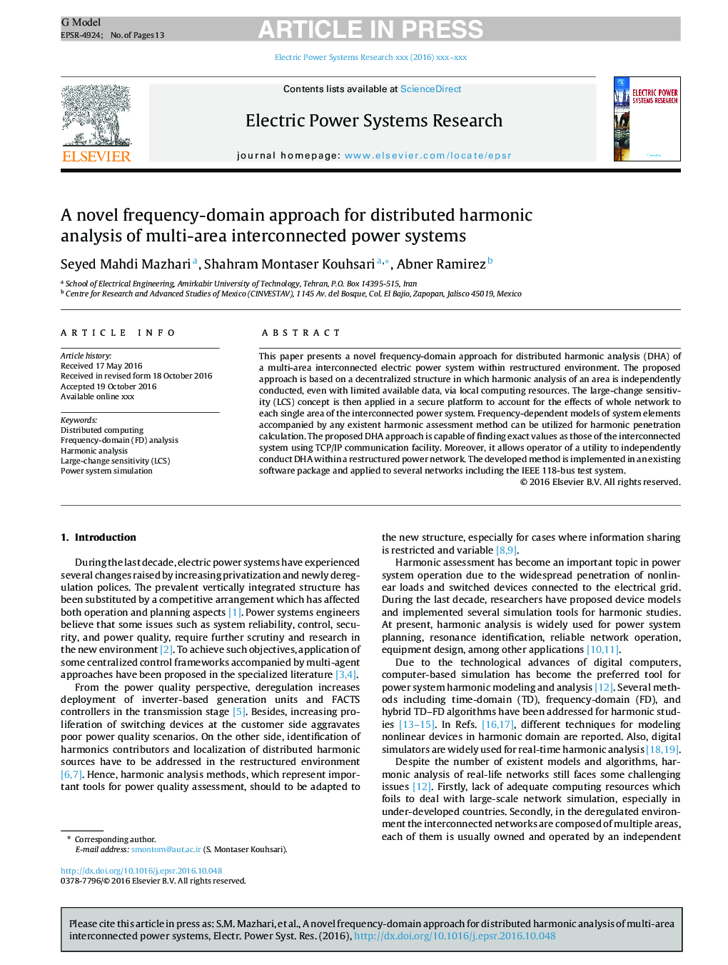 A novel frequency-domain approach for distributed harmonic analysis of multi-area interconnected power systems