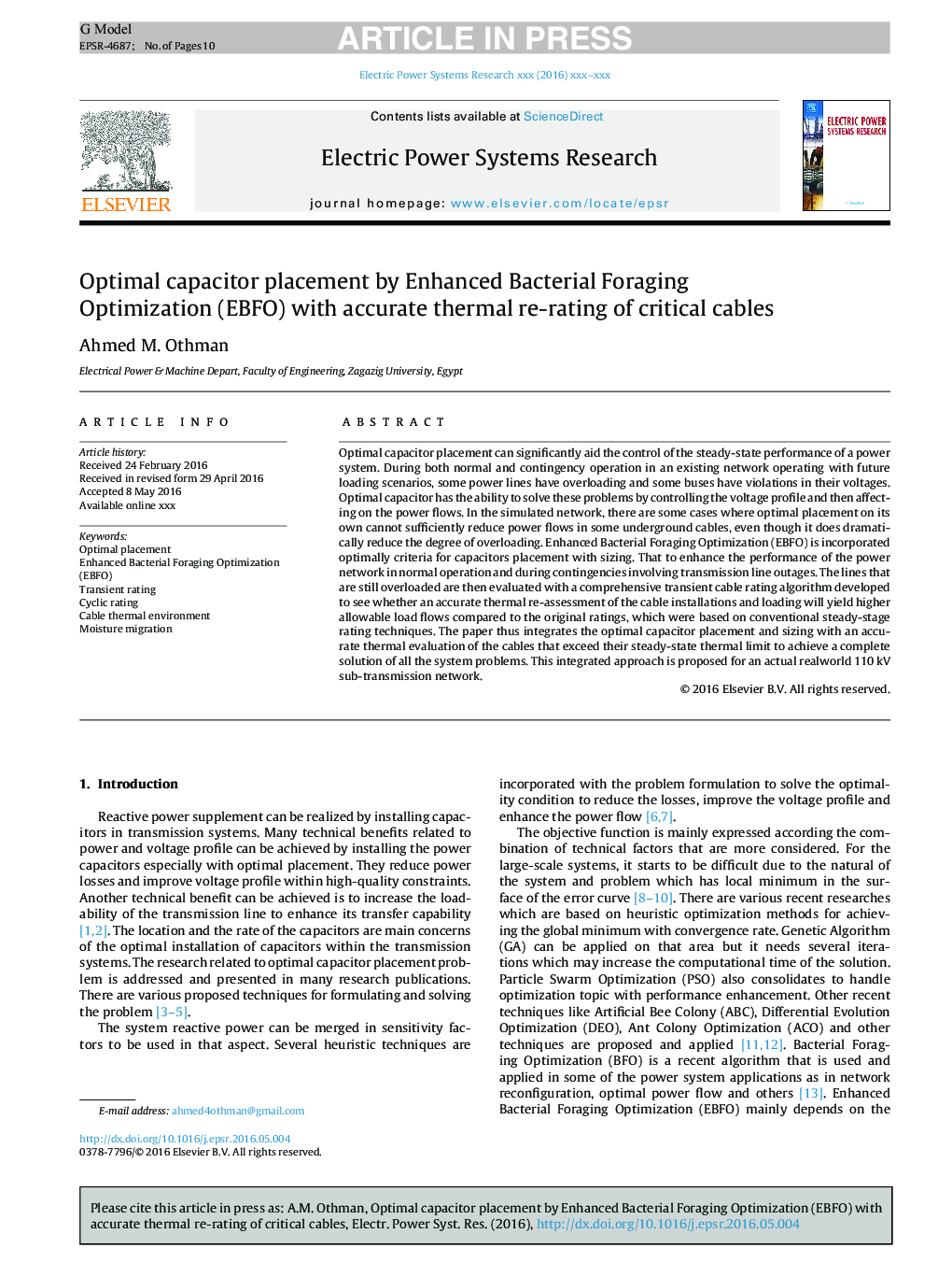 Optimal capacitor placement by Enhanced Bacterial Foraging Optimization (EBFO) with accurate thermal re-rating of critical cables