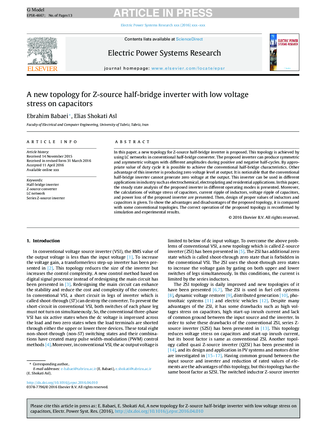 A new topology for Z-source half-bridge inverter with low voltage stress on capacitors