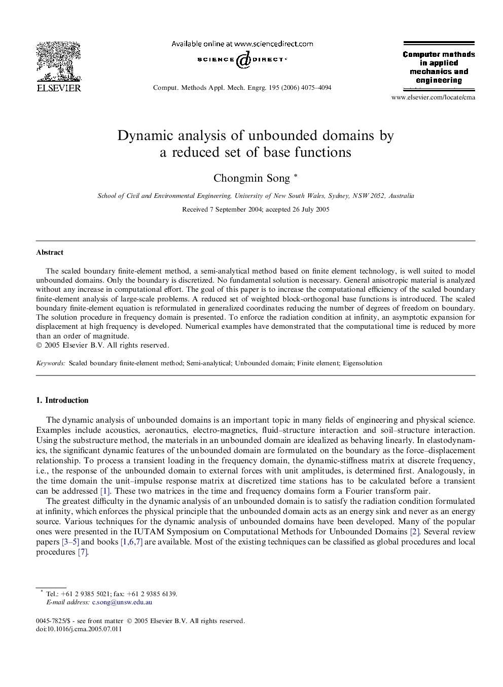 Dynamic analysis of unbounded domains by a reduced set of base functions