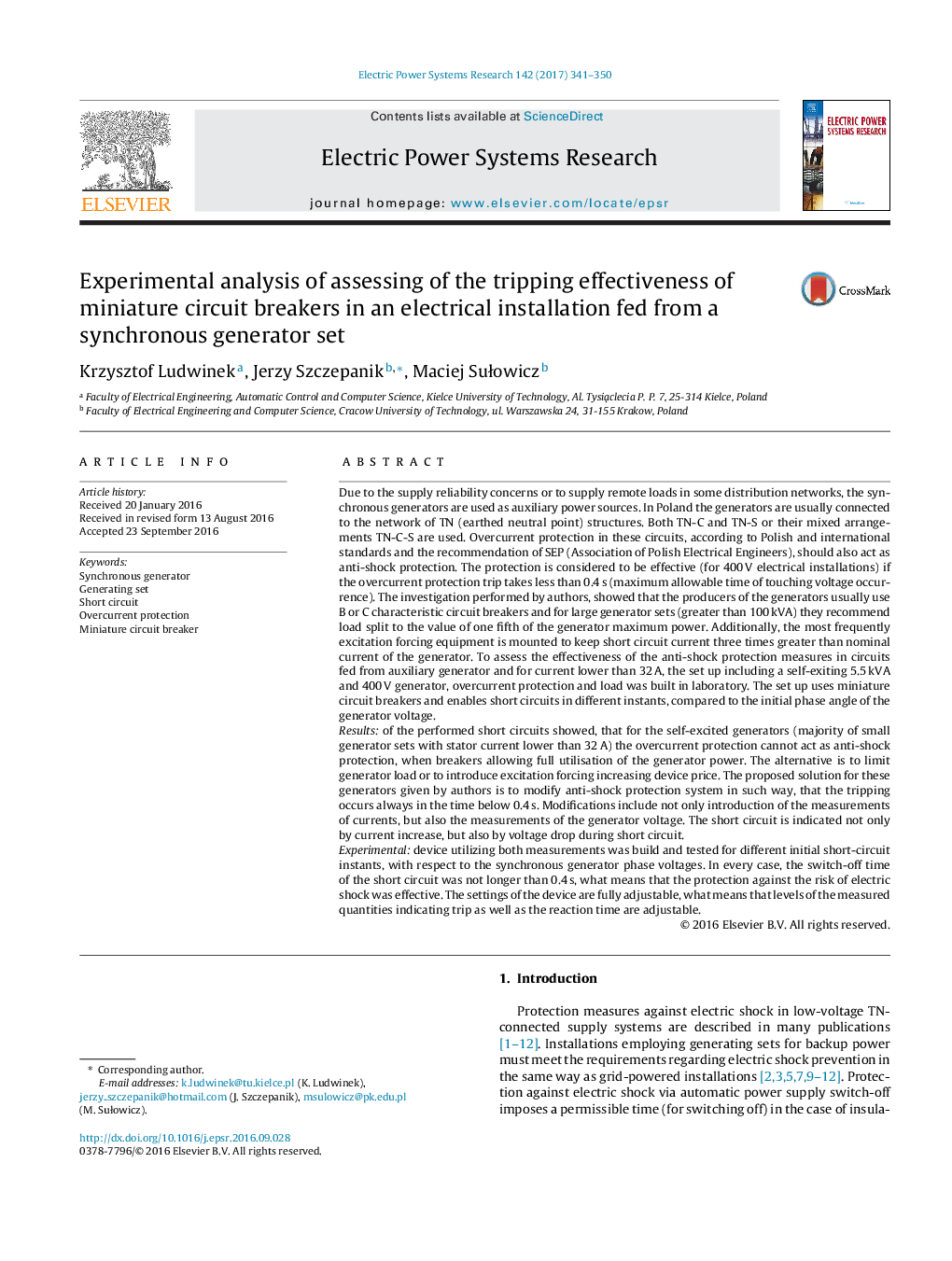 Experimental analysis of assessing of the tripping effectiveness of miniature circuit breakers in an electrical installation fed from a synchronous generator set