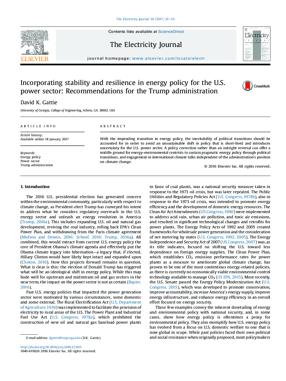 ترکیب ثبات و انعطاف پذیری در سیاست انرژی برای بخش برق ایالات متحده: توصیه هایی برای دولت ترامپ