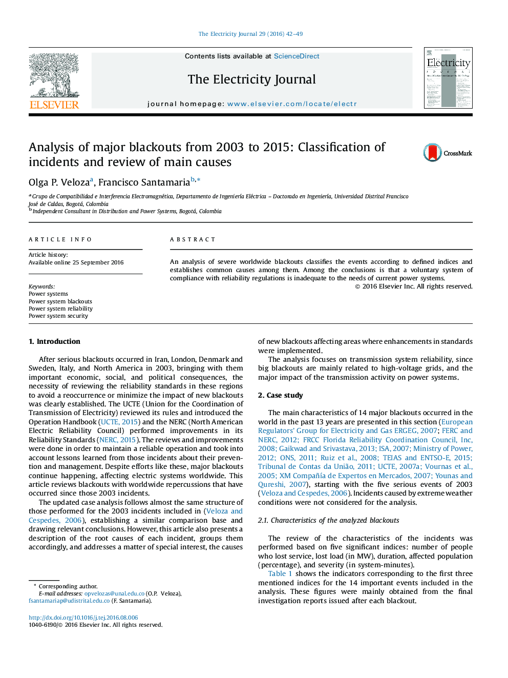 Analysis of major blackouts from 2003 to 2015: Classification of incidents and review of main causes