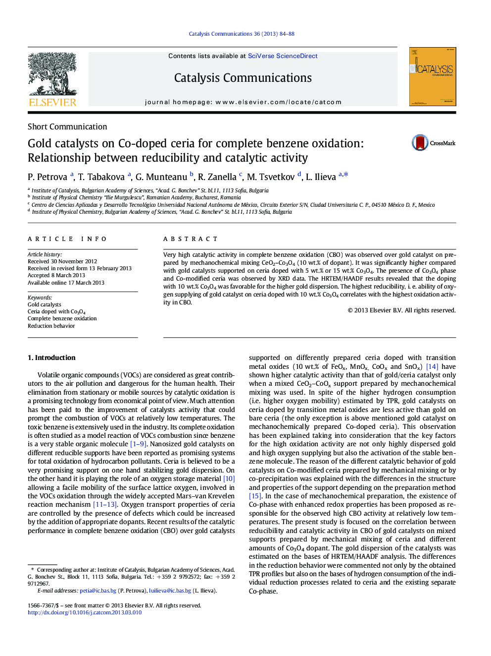 Gold catalysts on Co-doped ceria for complete benzene oxidation: Relationship between reducibility and catalytic activity