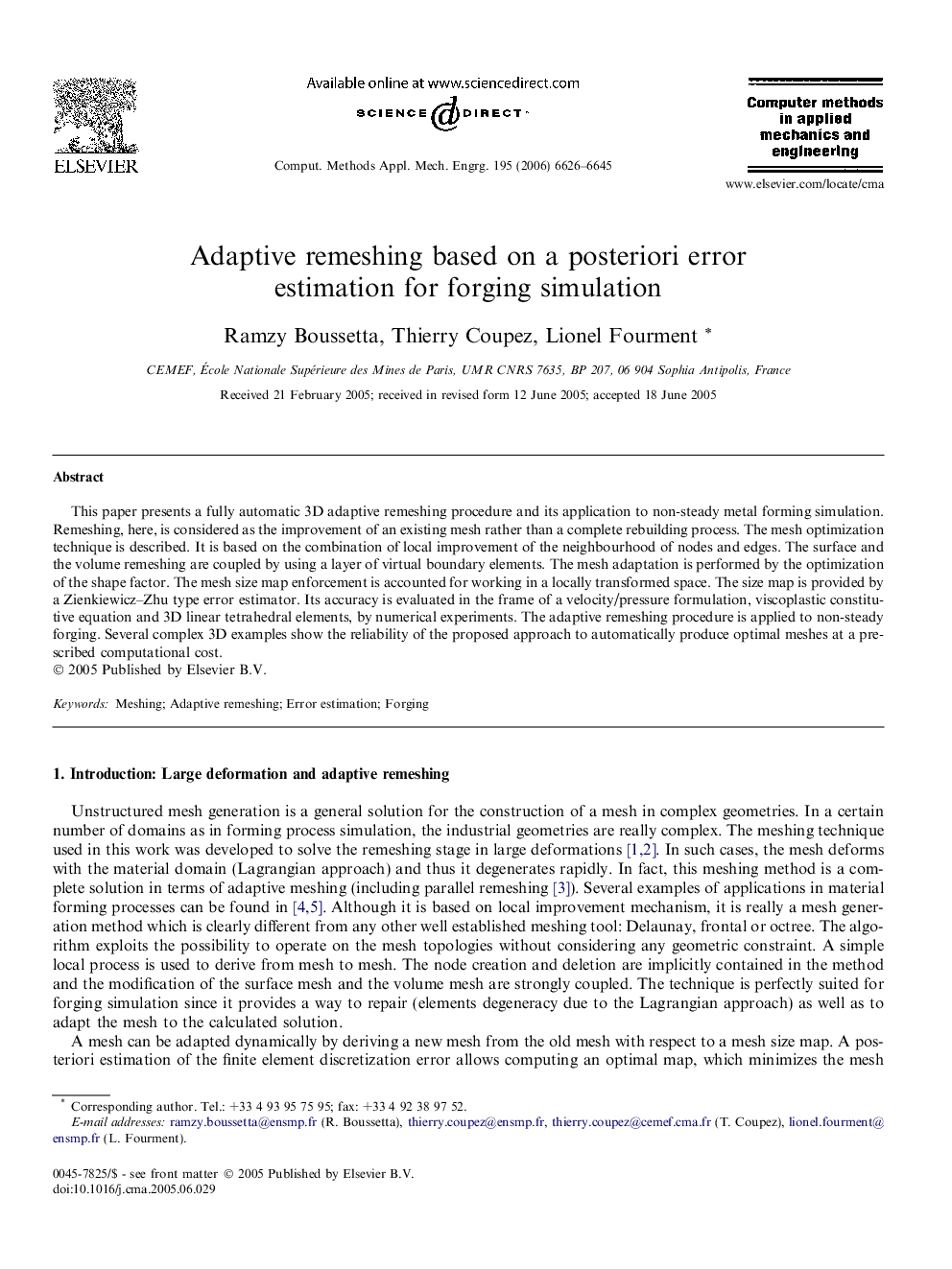 Adaptive remeshing based on a posteriori error estimation for forging simulation