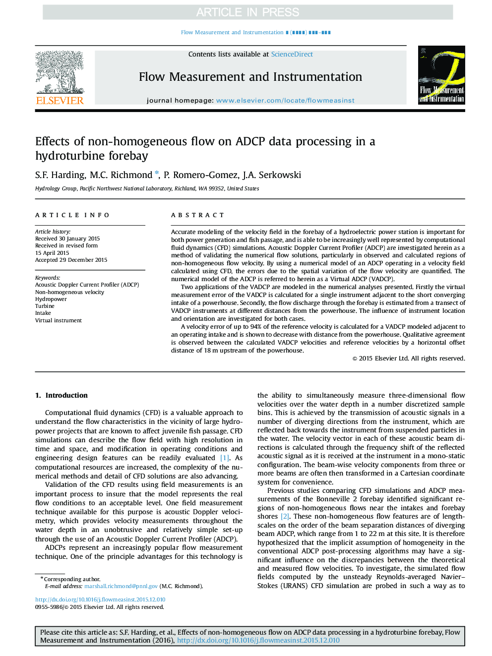 Effects of non-homogeneous flow on ADCP data processing in a hydroturbine forebay