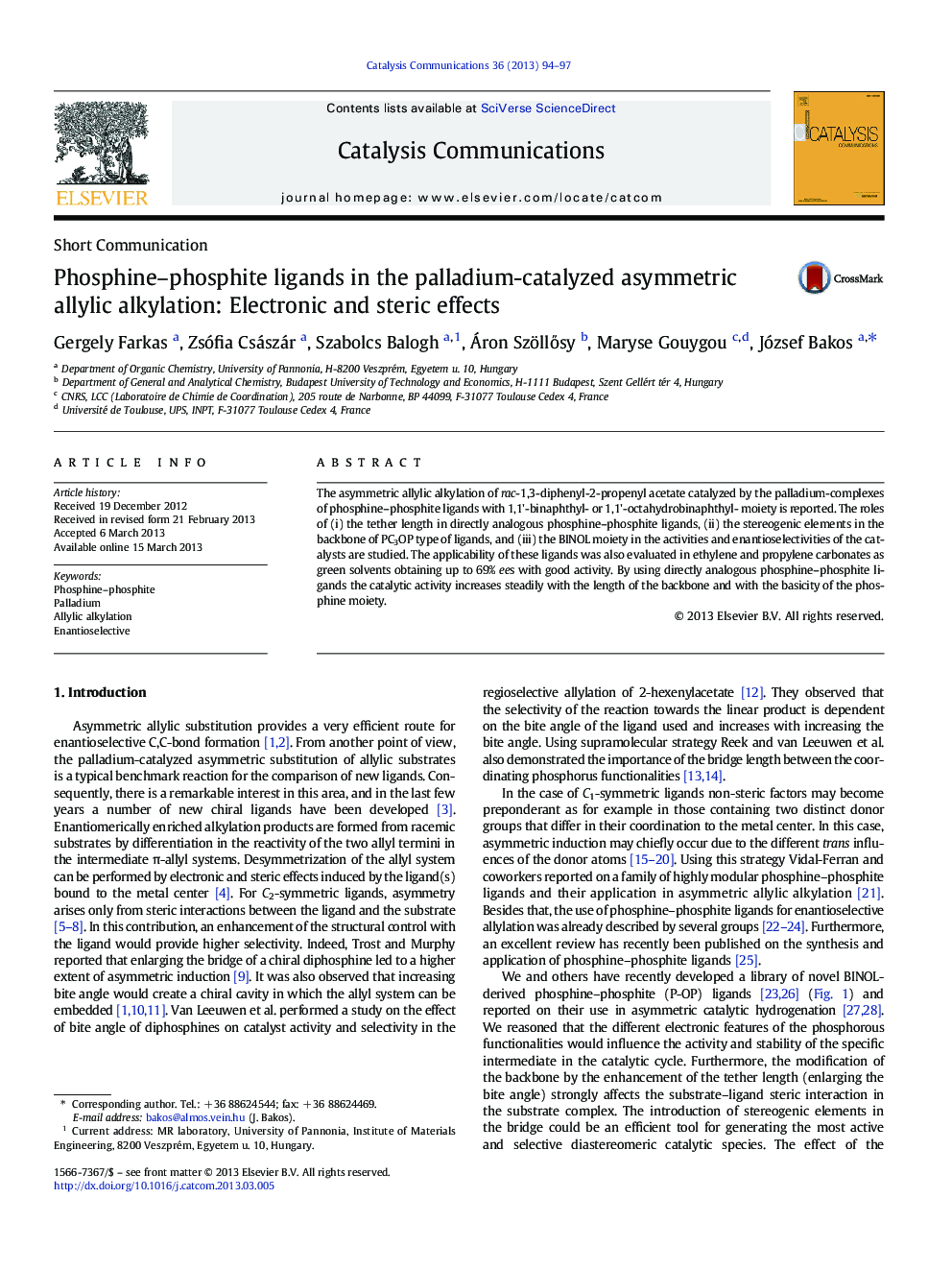 Phosphine–phosphite ligands in the palladium-catalyzed asymmetric allylic alkylation: Electronic and steric effects