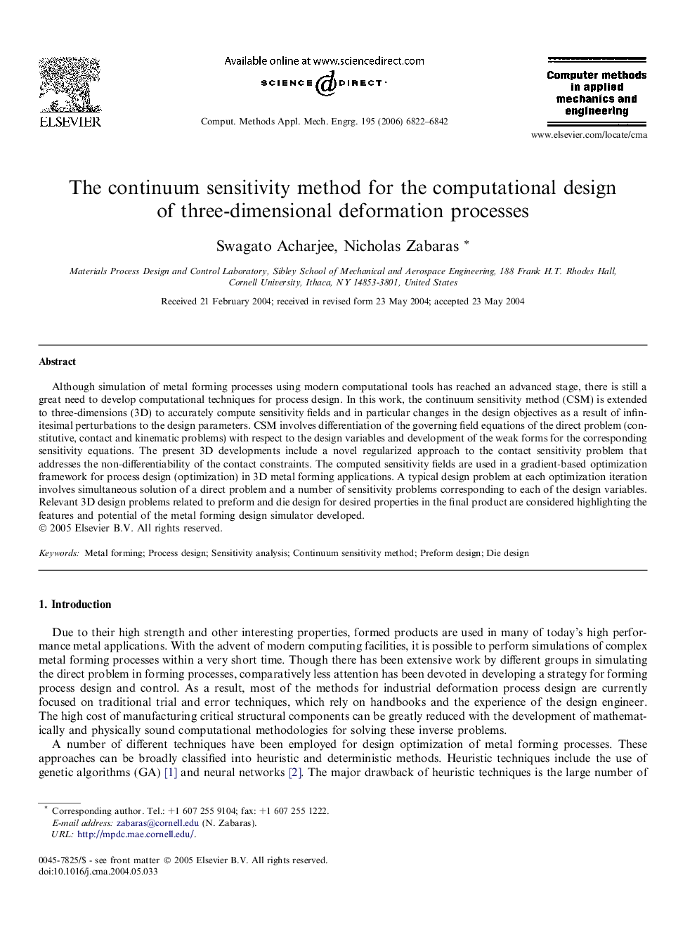 The continuum sensitivity method for the computational design of three-dimensional deformation processes