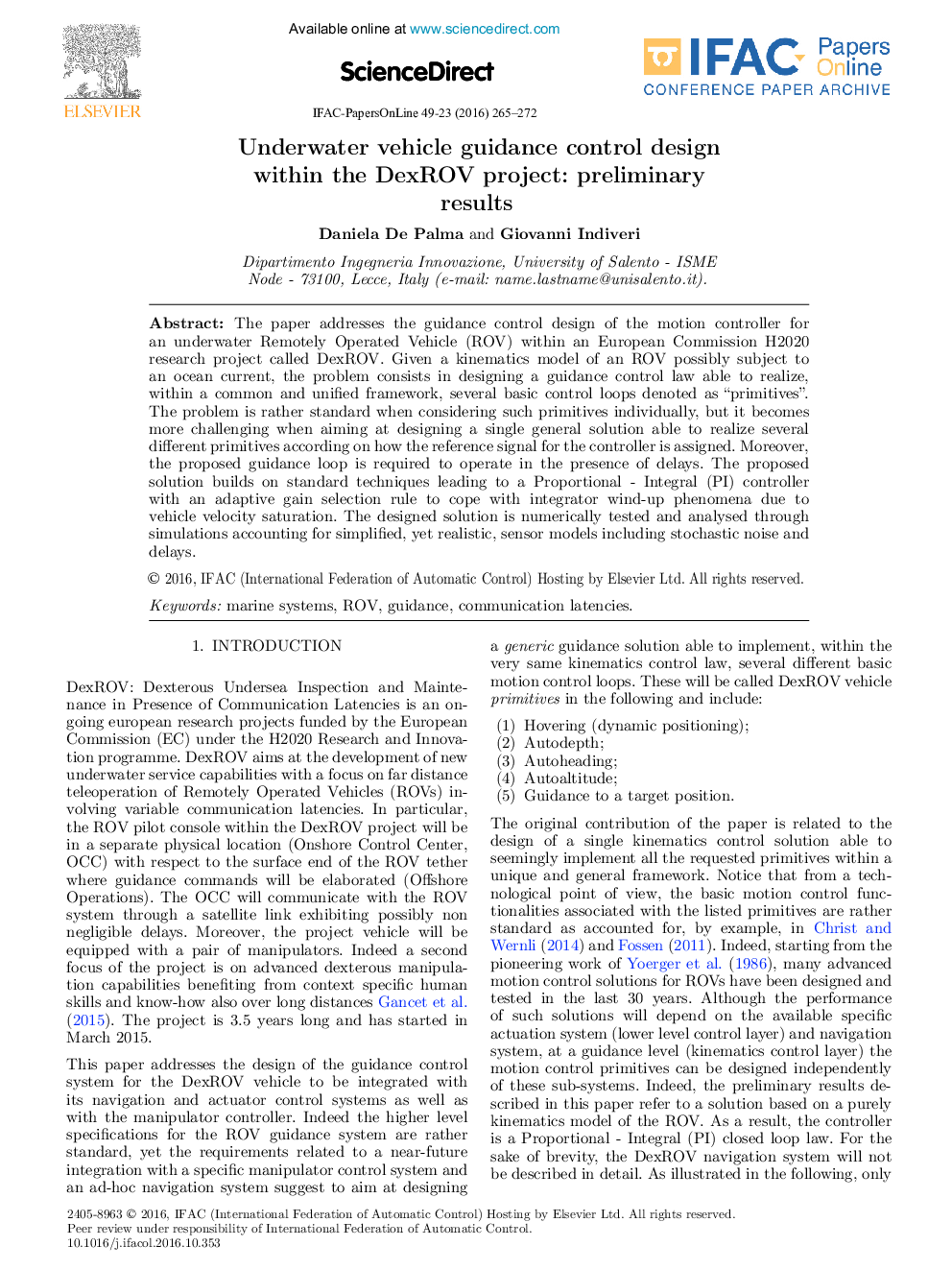 Underwater vehicle guidance control design within the DexROV project: preliminary results