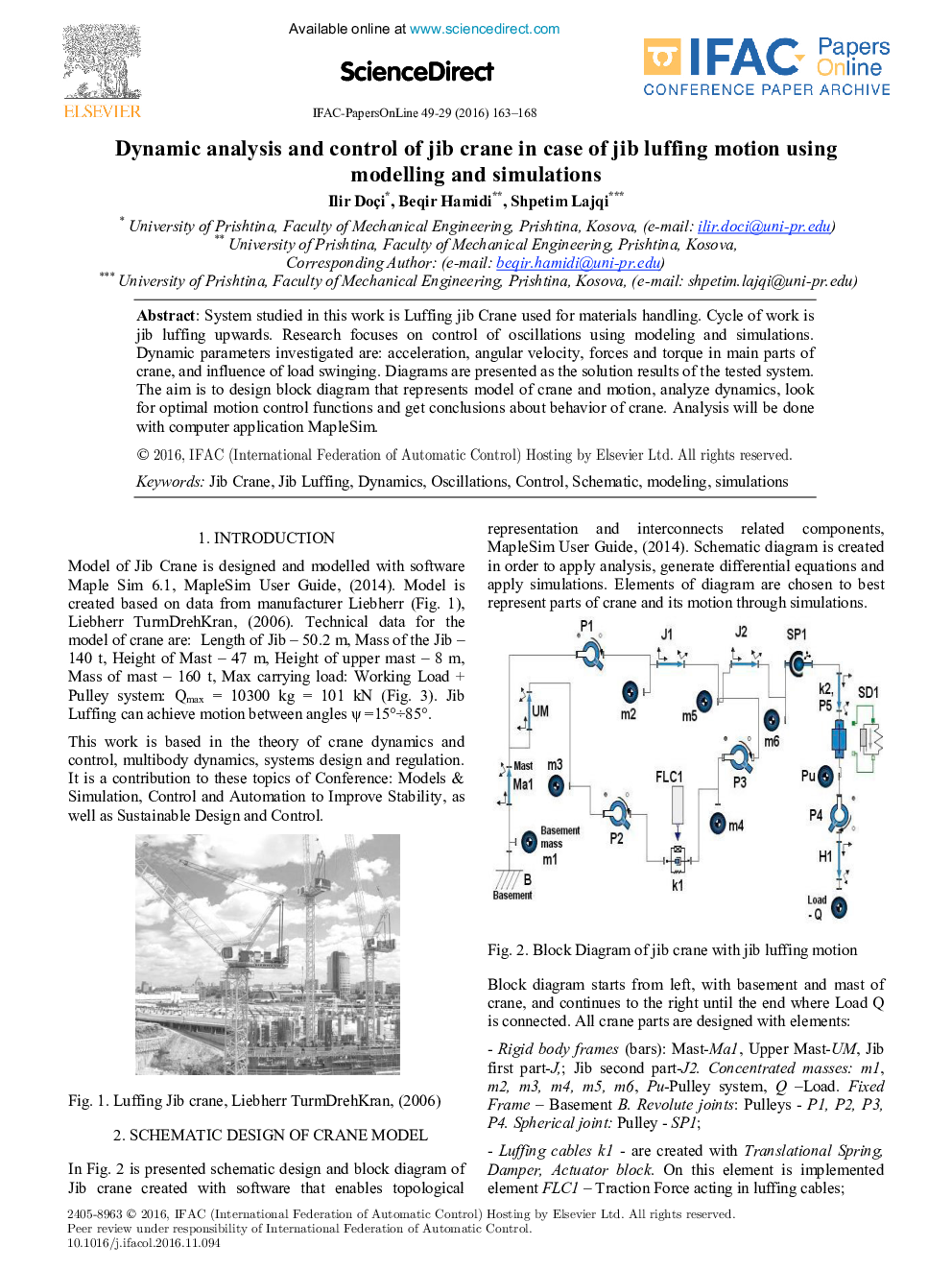 Dynamic analysis and control of jib crane in case of jib luffing motion using modelling and simulations