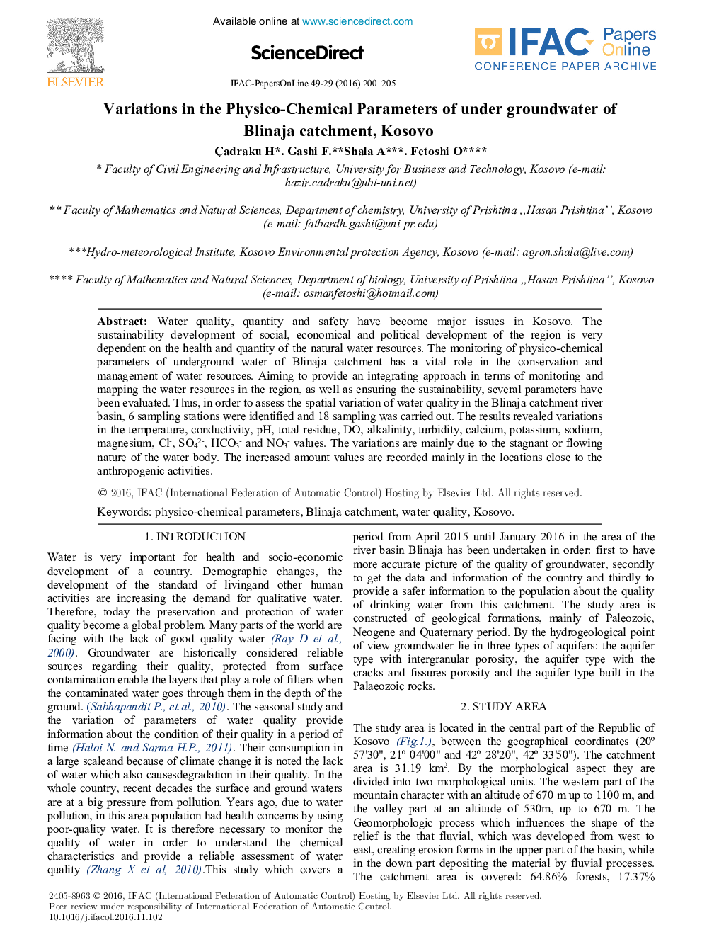 Variations in the Physico-Chemical Parameters of under groundwater of Blinaja catchment, Kosovo