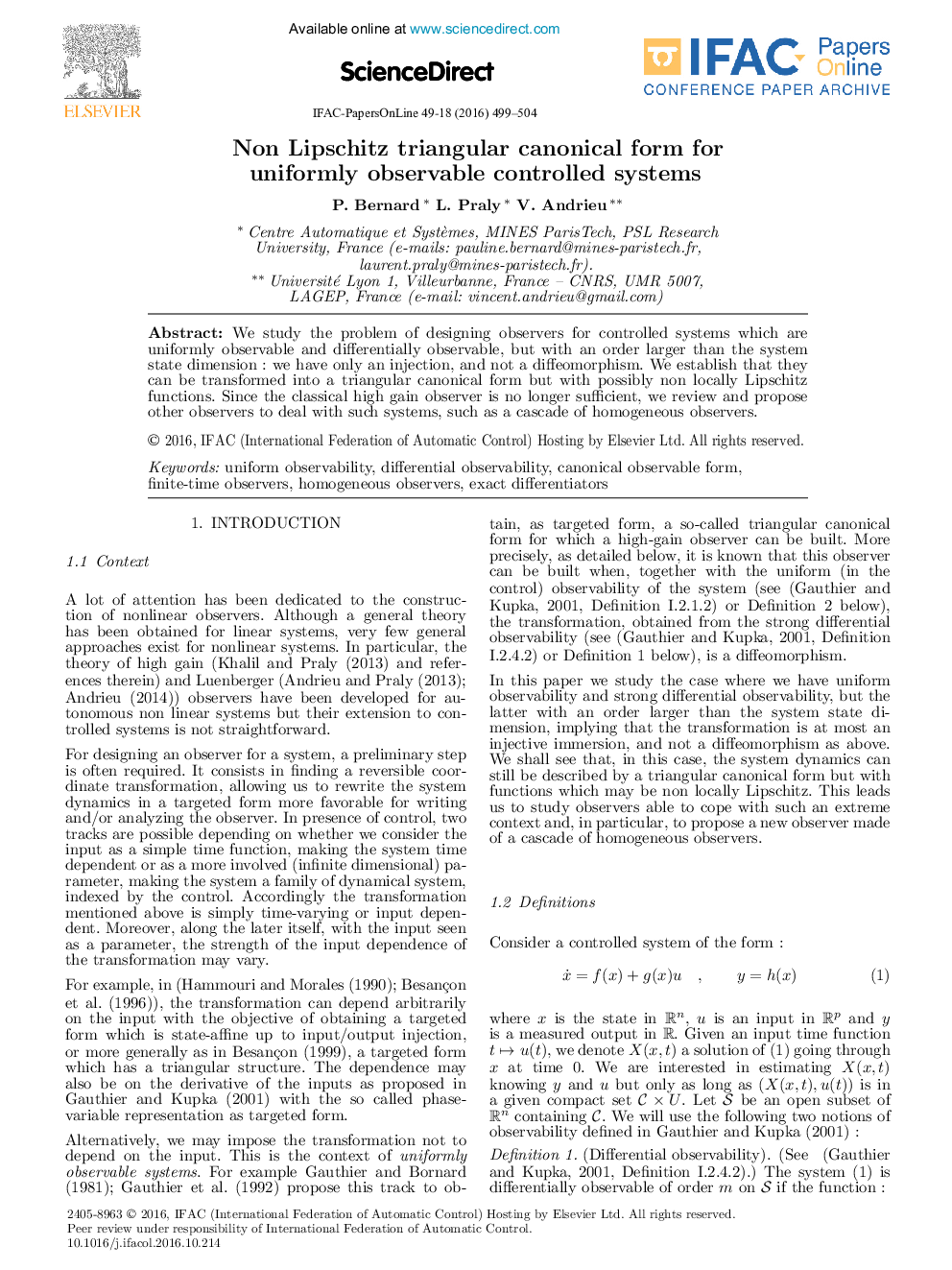 Non Lipschitz triangular canonical form for uniformly observable controlled systems