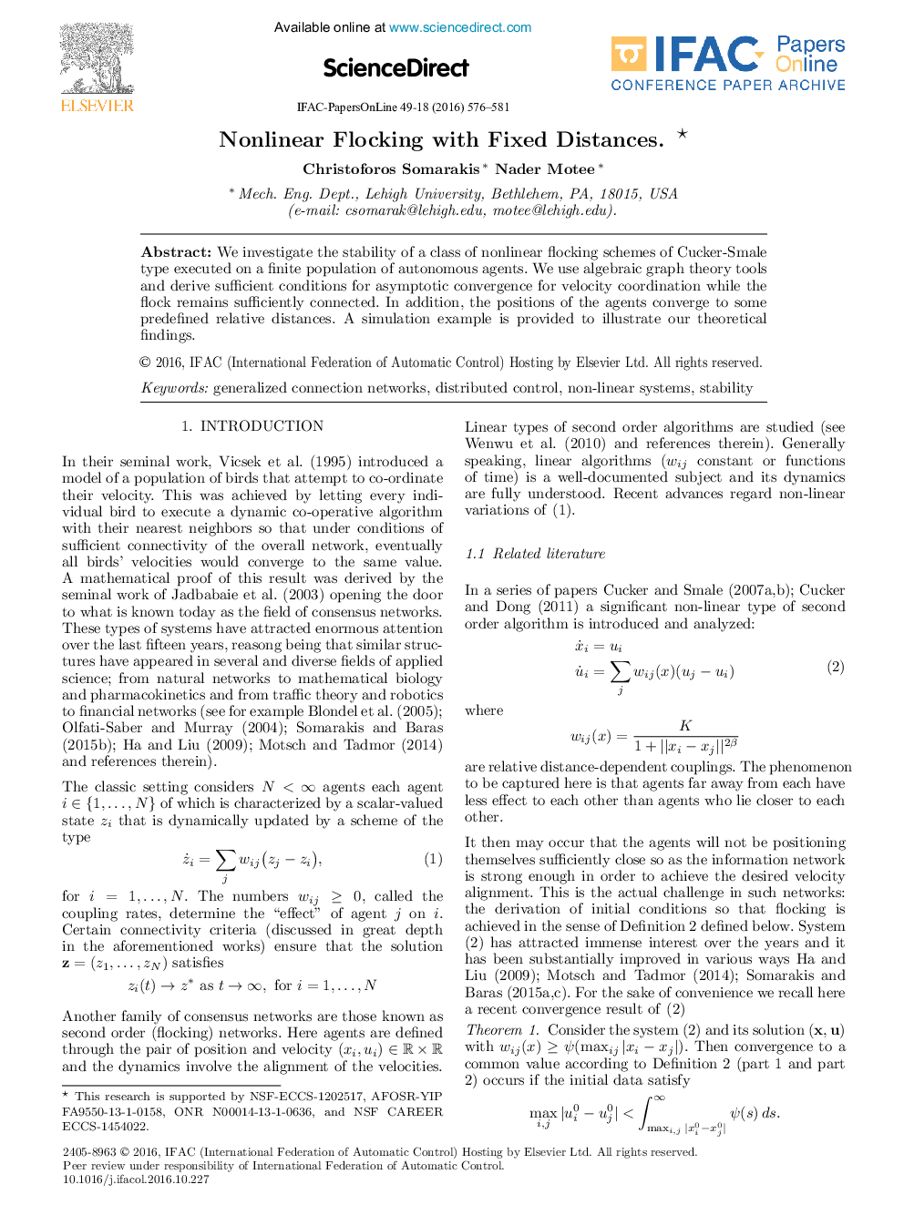 Nonlinear Flocking with Fixed Distances.*