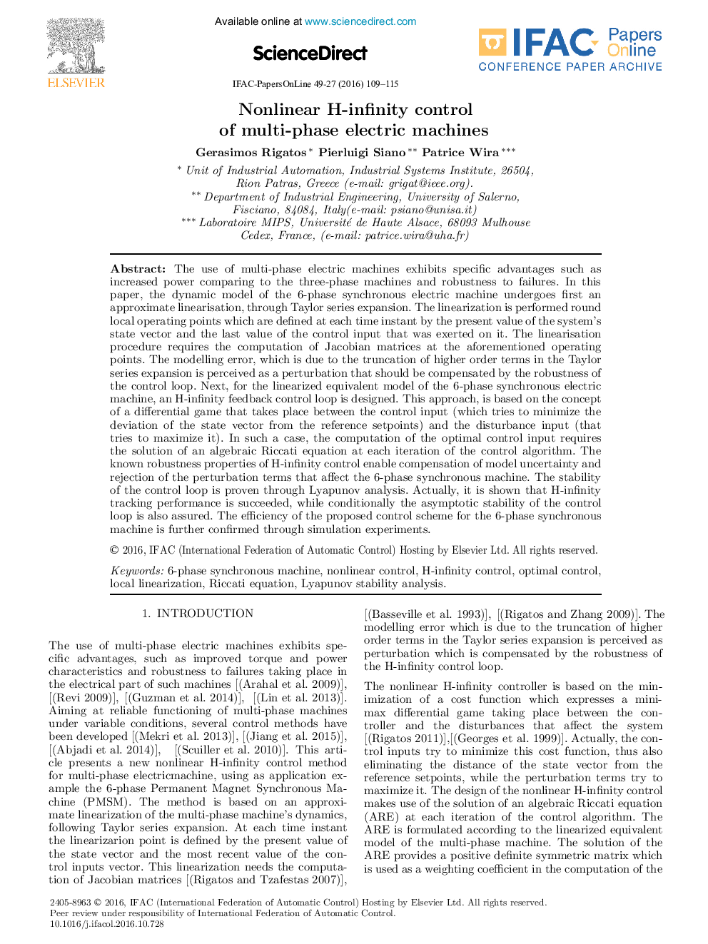 Nonlinear H-infinity control of multi-phase electric machines