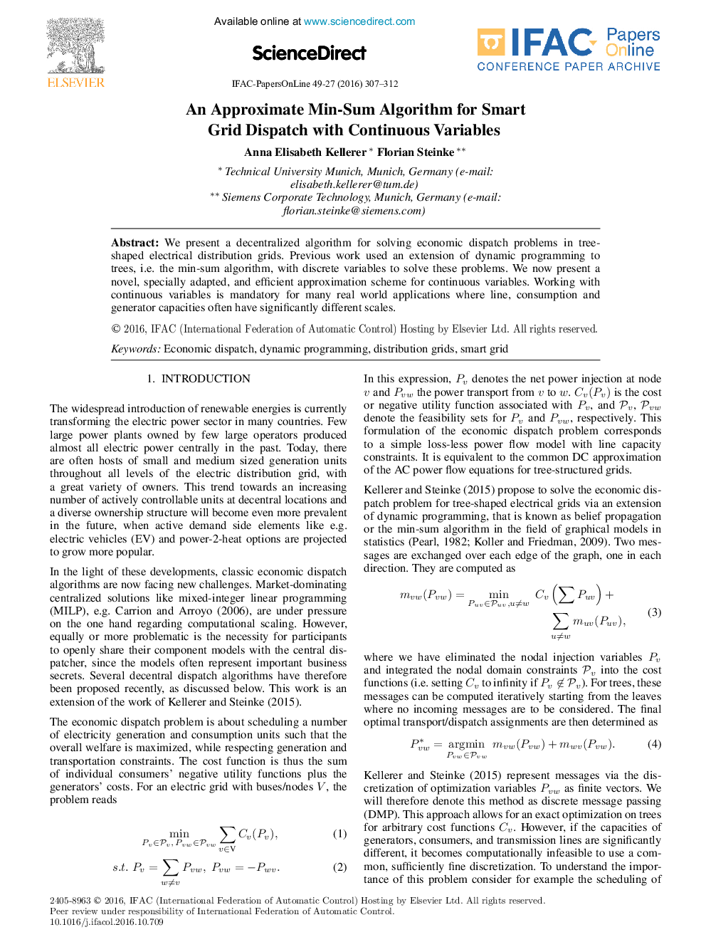 An Approximate Min-Sum Algorithm for Smart Grid Dispatch with Continuous Variables