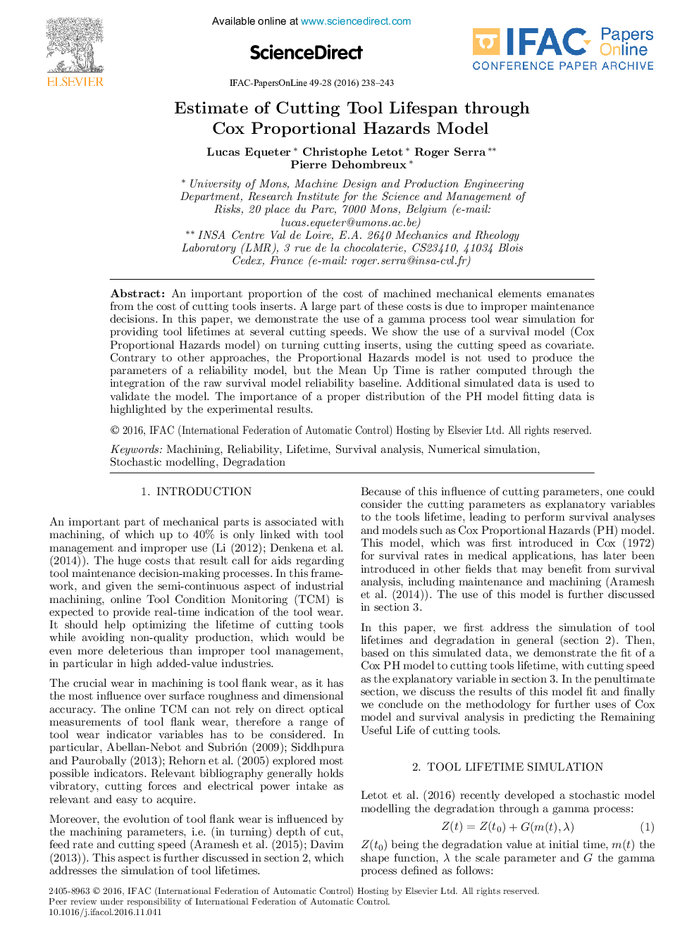 Estimate of Cutting Tool Lifespan through Cox Proportional Hazards Model