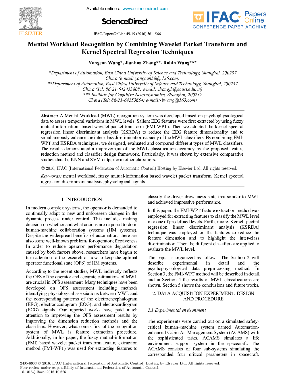 Mental Workload Recognition by Combining Wavelet Packet Transform and Kernel Spectral Regression Techniques