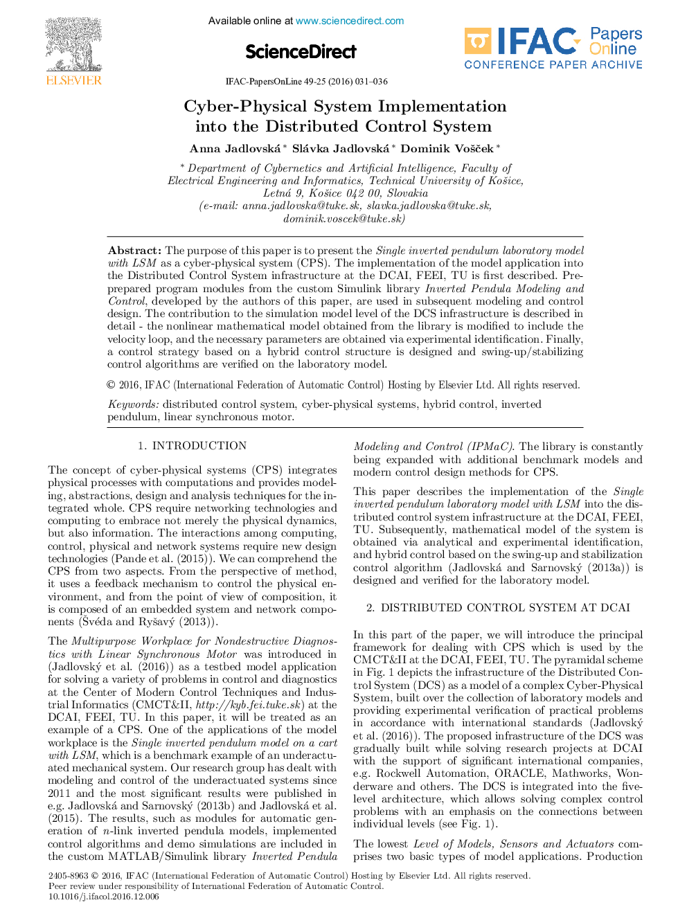 عکس صفحه اول مقاله: Cyber-Physical System Implementation into the Distributed Control System Cyber-Physical System Implementation into the Distributed Control System