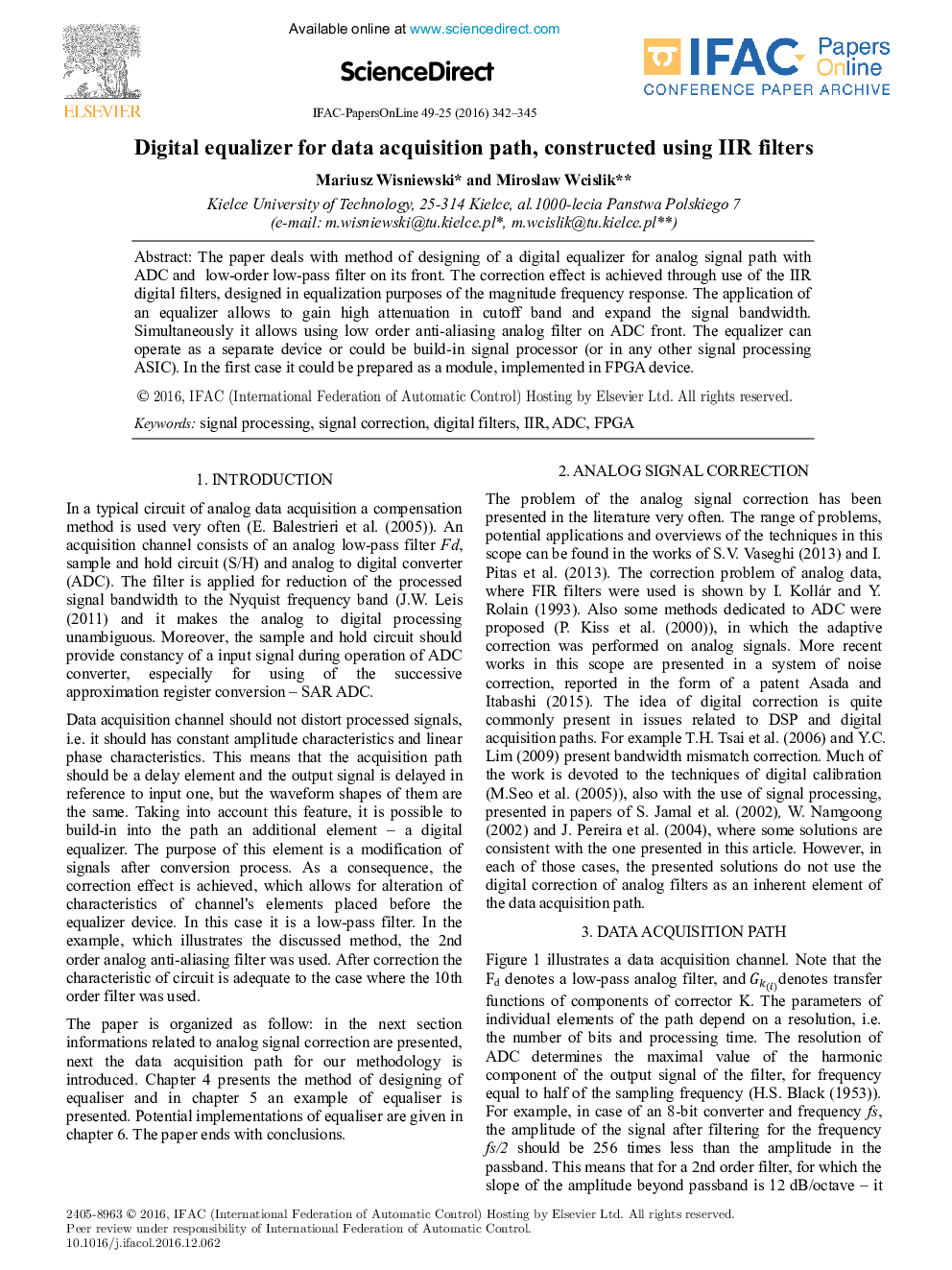 Digital equalizer for data acquisition path, constructed using IIR filters