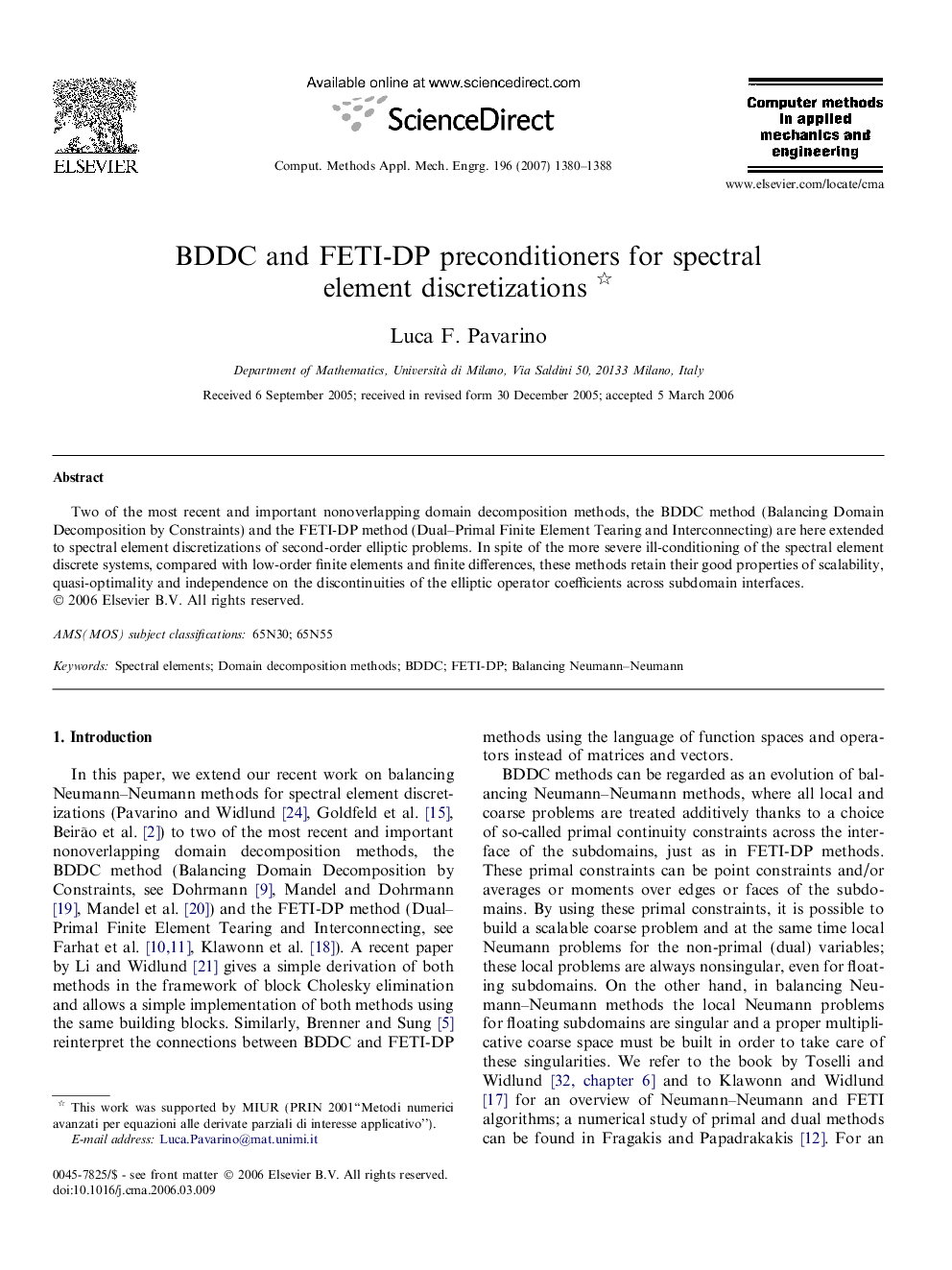 عکس صفحه اول مقاله: BDDC and FETI-DP preconditioners for spectral element discretizations BDDC and FETI-DP preconditioners for spectral element discretizations